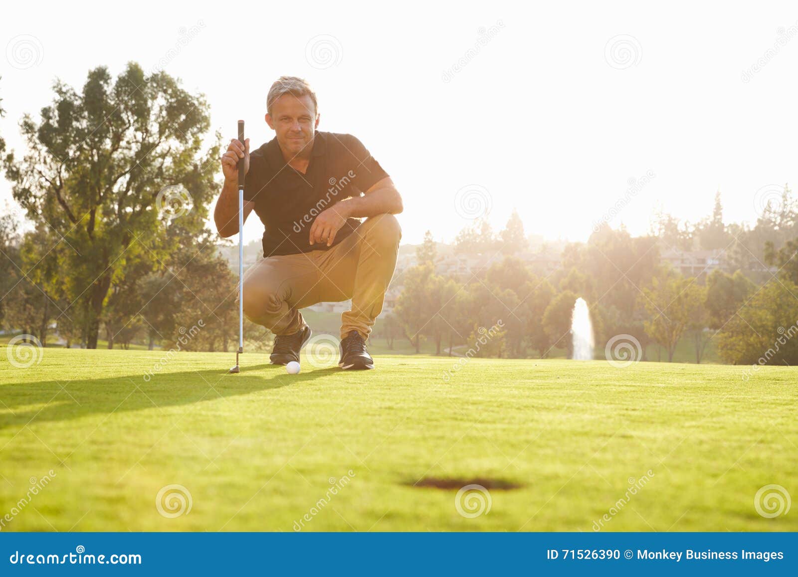 Male Golfer Lining Up Putt on Green Stock Photo Image of enjoyment