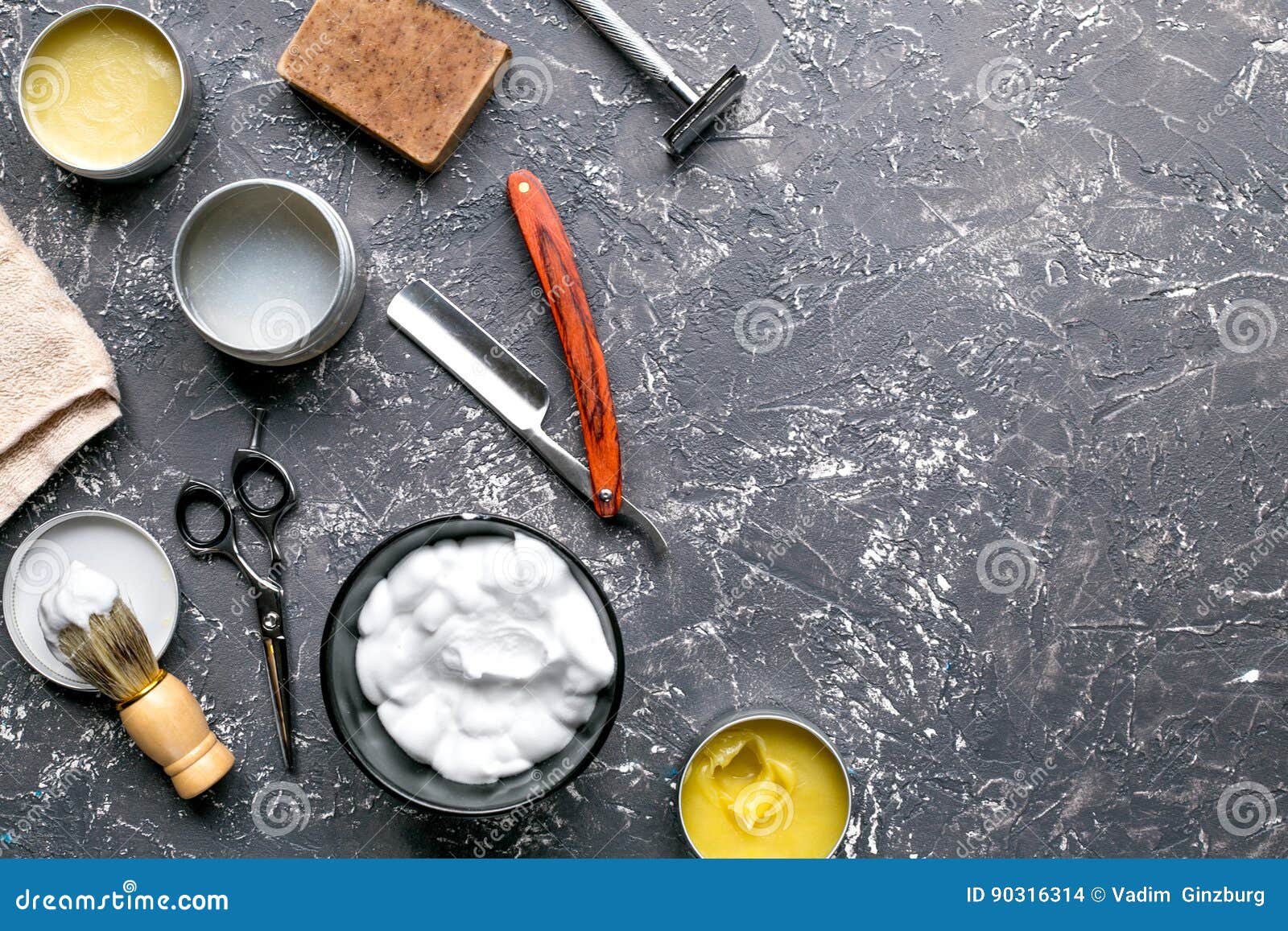 Download Male Hairdressing Concept With Barbershop Tools On Gray Background Top View Mockup Stock Photo ...