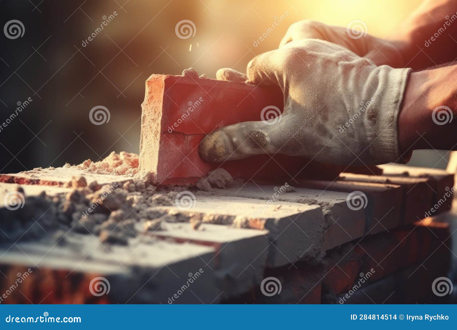 Male Hand in Glove of Bricklayer Installing Bricks on Construction Site