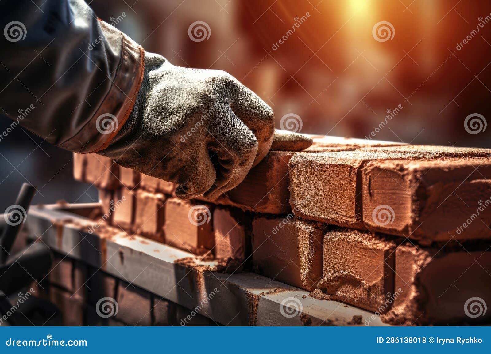 Male Hand in Glove of Bricklayer Installing Bricks on Construction Site