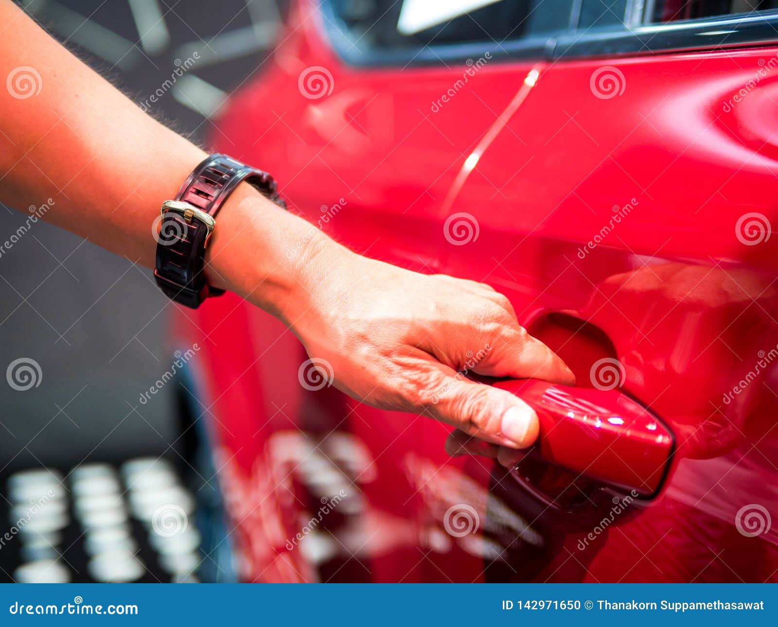 Male Hand Holding the Door Handle of Red Car Stock Photo Image of