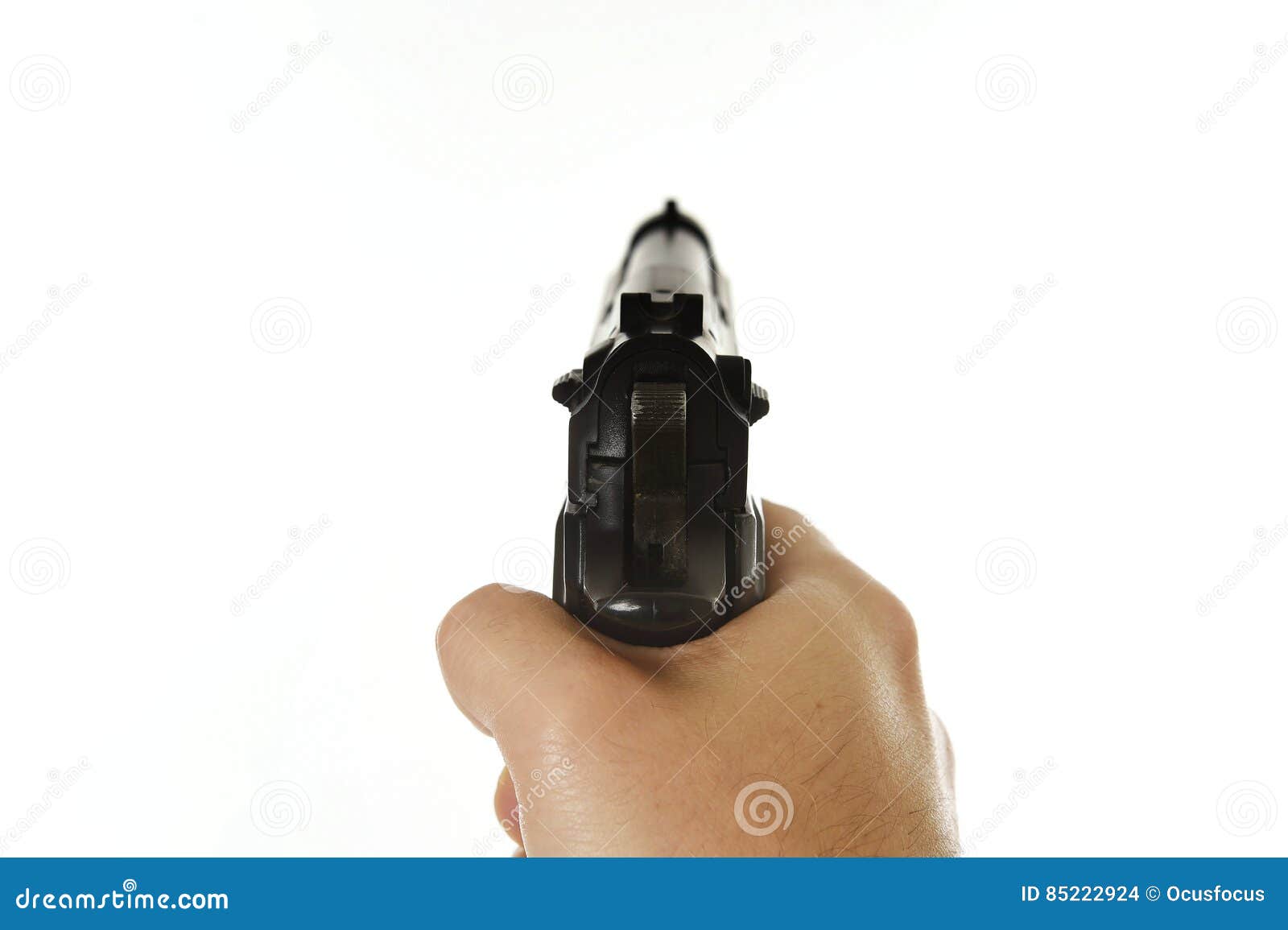 male hand holding firing gun aiming in subjective point of view pov  on white background