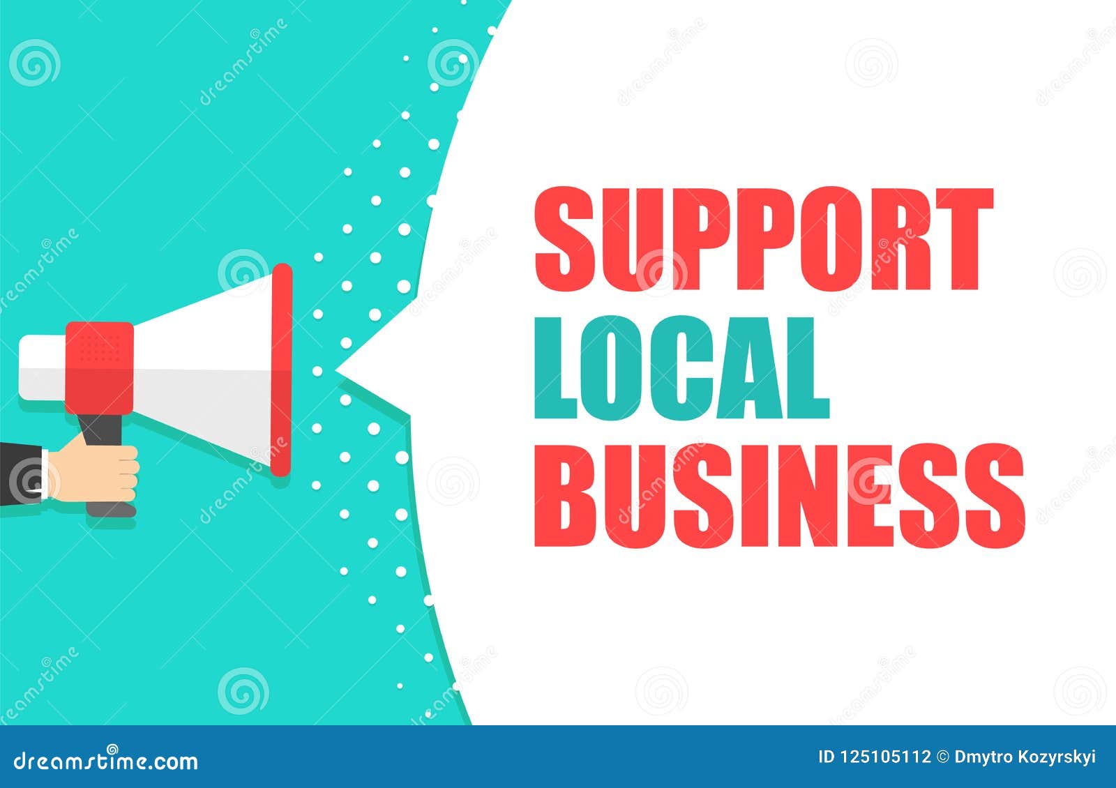 male hand holding megaphone with support local business speech bubble. loudspeaker. banner for business, marketing and