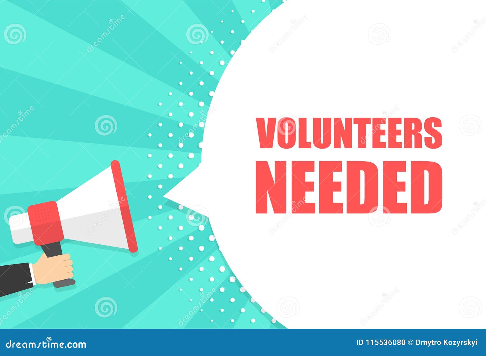 male hand holding megaphone with volunteers needed speech bubble. loudspeaker. banner for business, marketing and