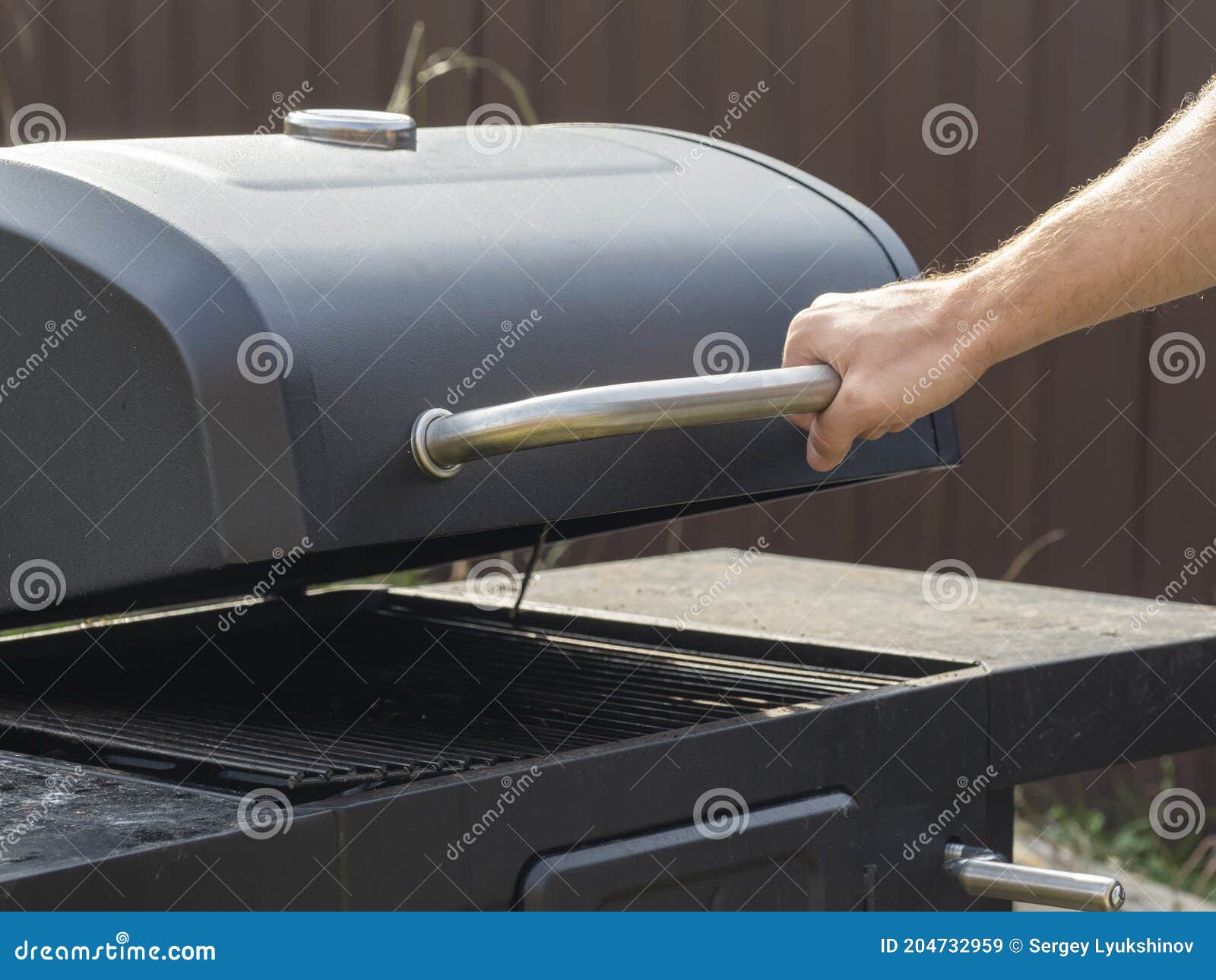 Male Hand Opened the Lid of the Barbecue Grill Stock Image Image of