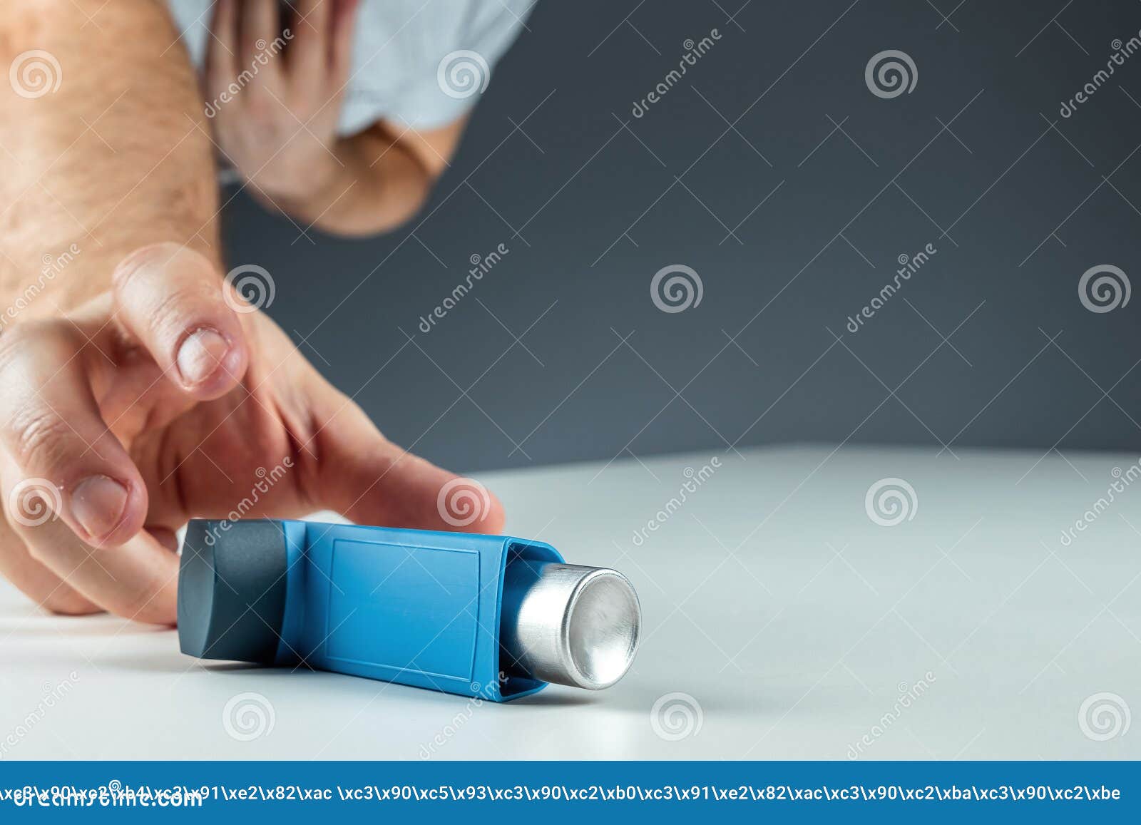 the male hand reaches for an asthma inhaler, an asthmatic attack. the concept of treatment of bronchial asthma, cough, allergies,