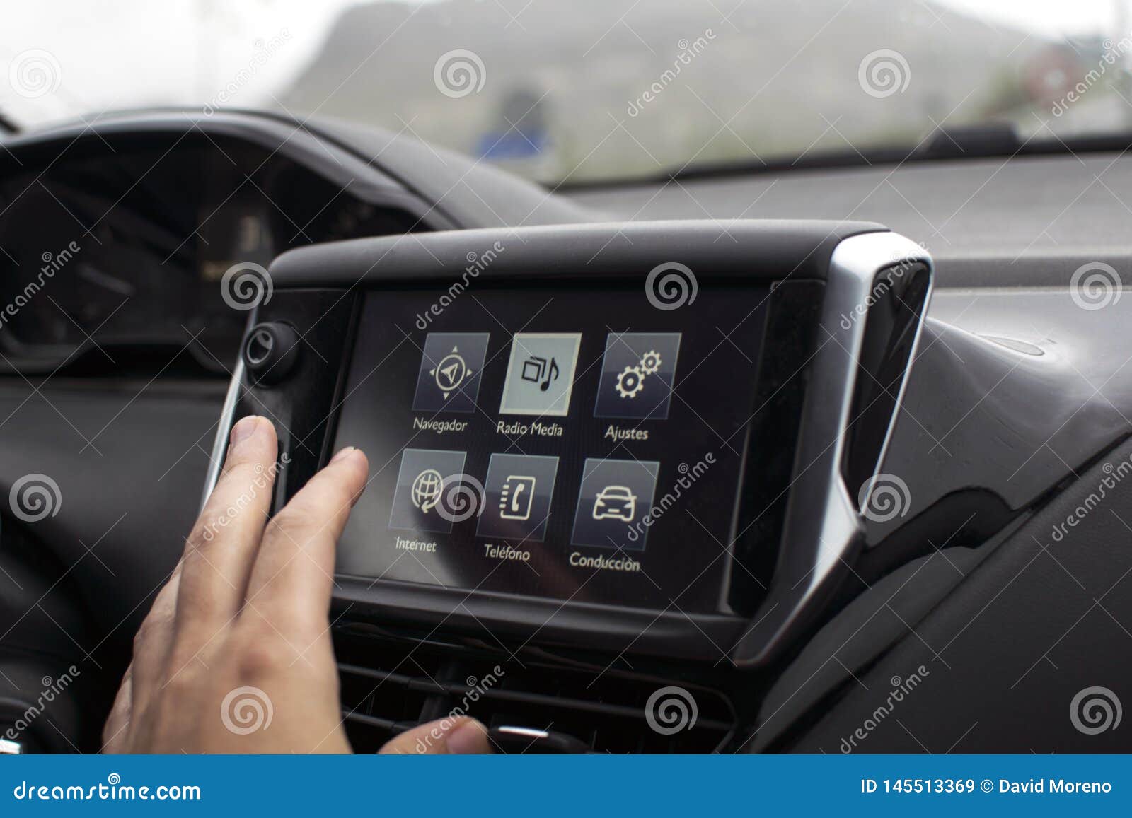 Male Hand Touching Screen in Modern Car Stock Image Image of driving