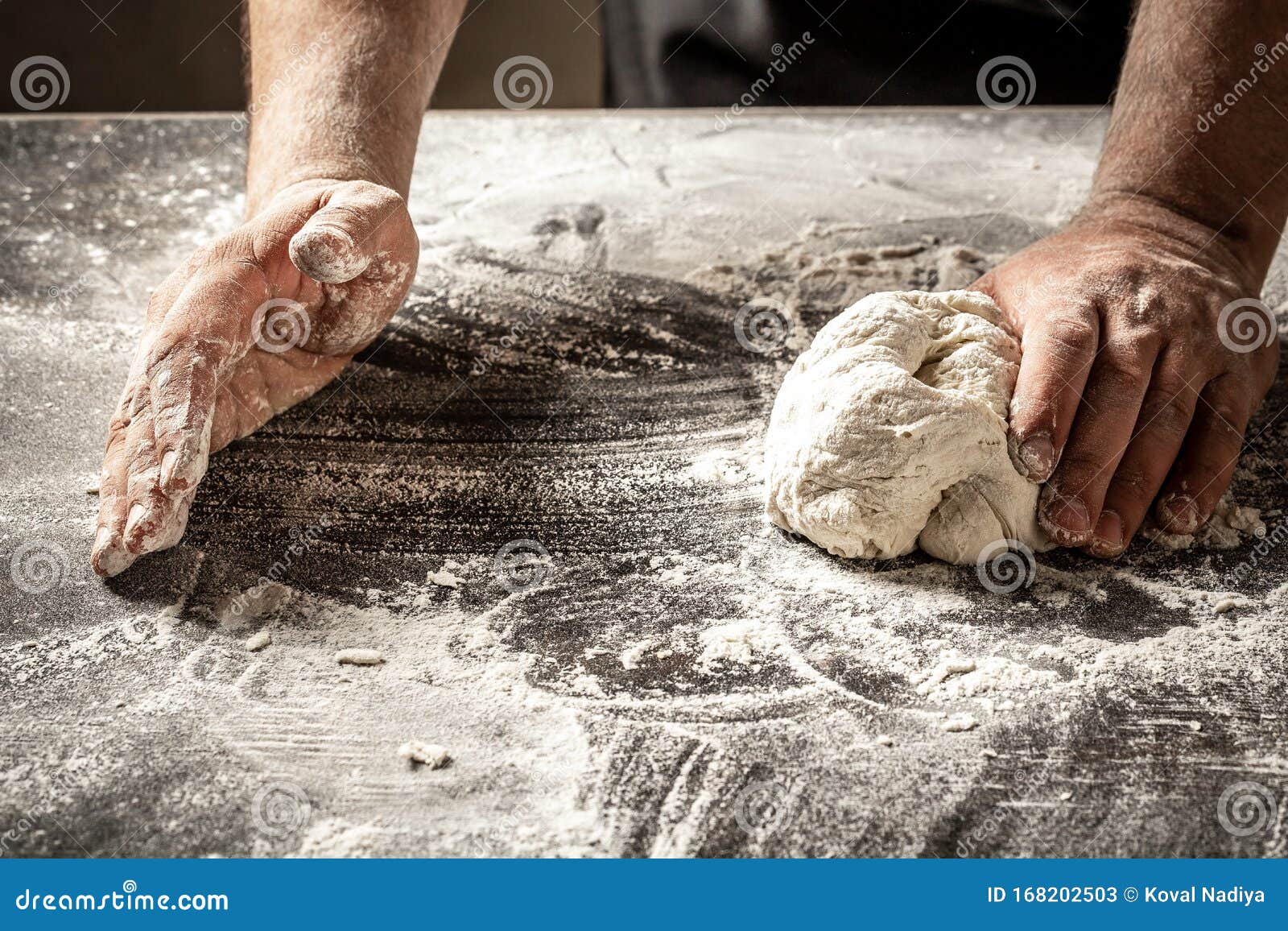 Male Hands Making Dough for Pizza, Dumplings or Bread. Baking Concept
