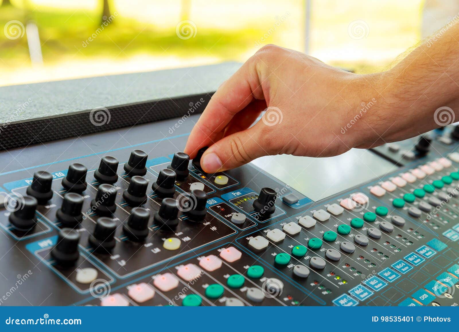 Male Hands Operating Small Sound Console Stock Image Image of