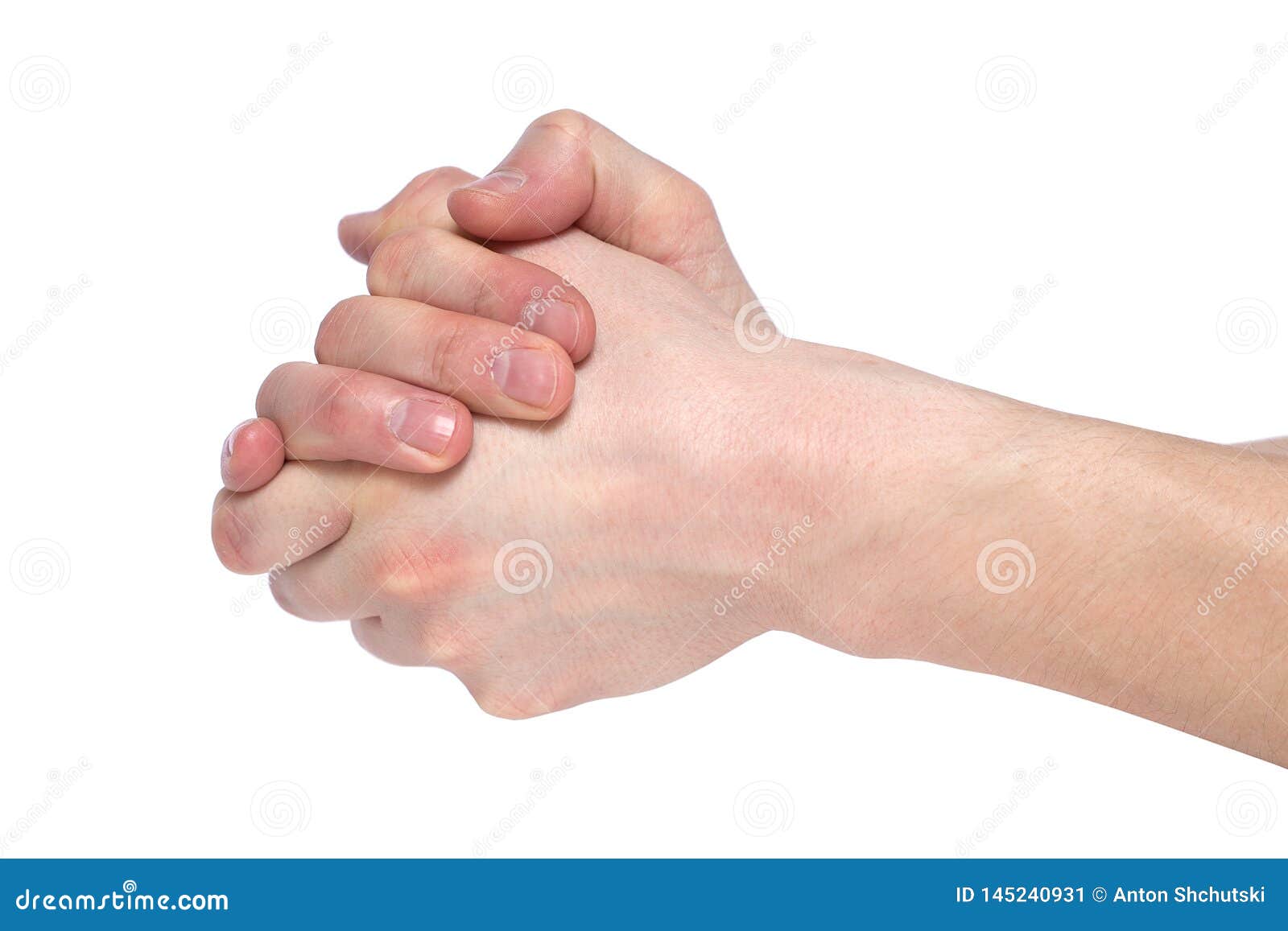 Male Hands in Shape of Lock Holding Each Other Isolated on White