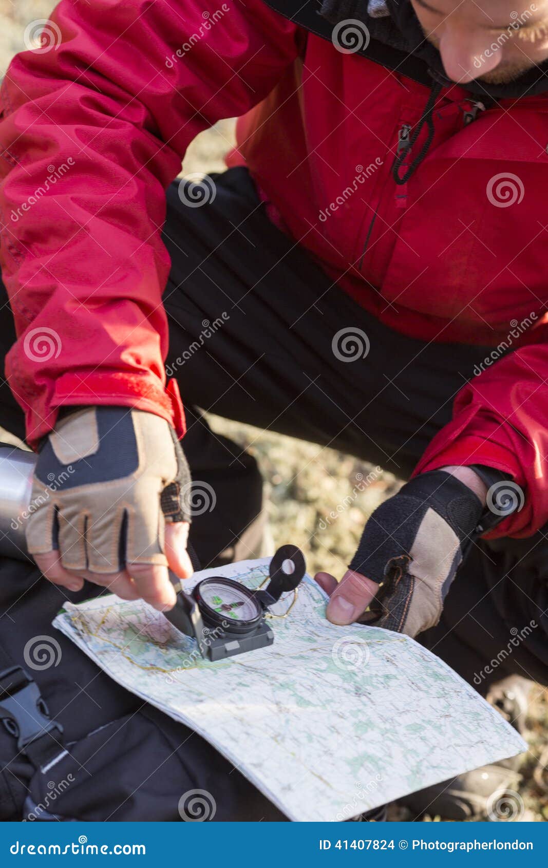 Male Hiker Using Compass and Map in Forest Stock Photo Image of
