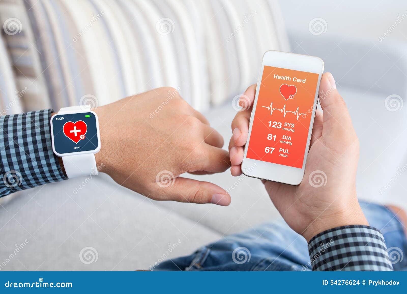 male holding phone and smart watch with app health sensor