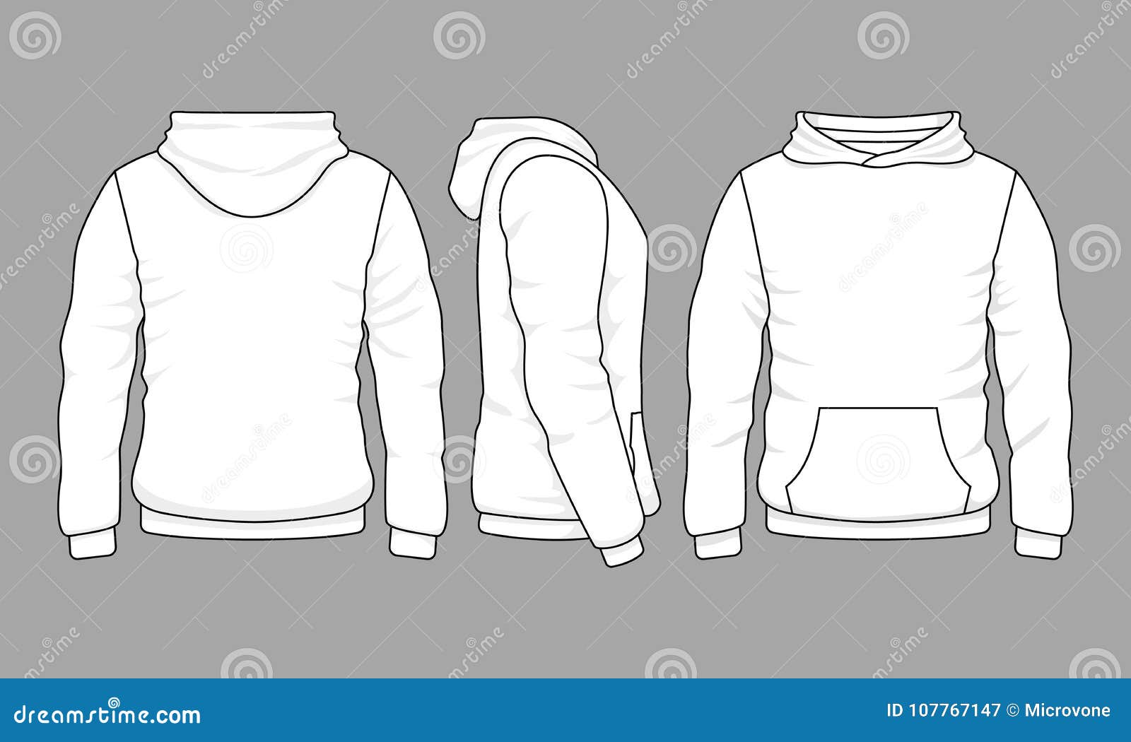 male hoodie sweatshirt in front, back and side views