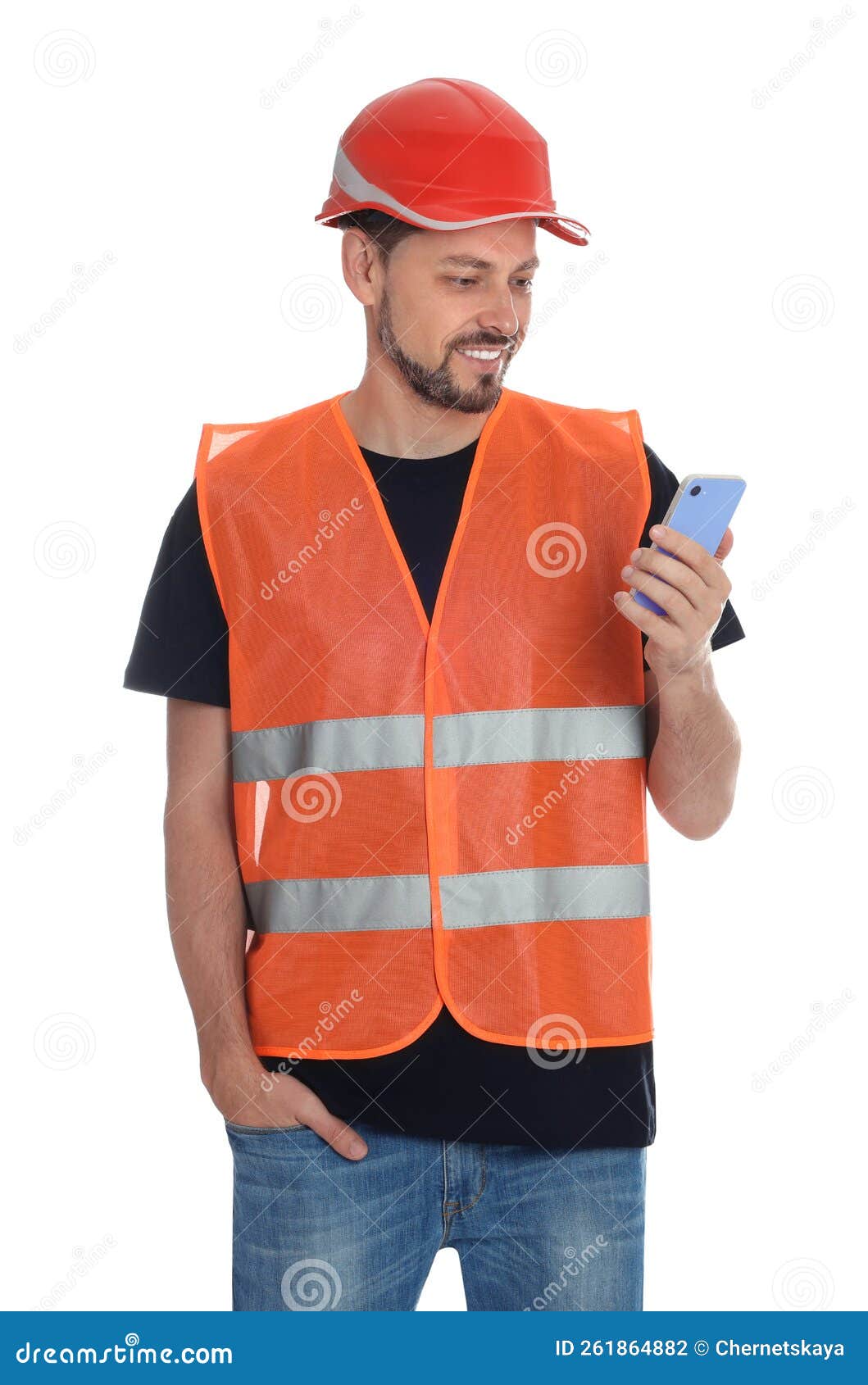 Male Industrial Engineer in Uniform with Phone on White Background