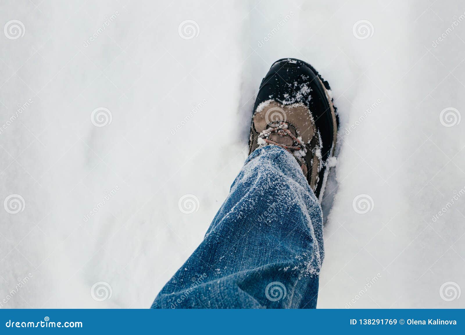 Male Leg Walking in Snow Blue Jeans Stock Image - Image of life, jeans ...