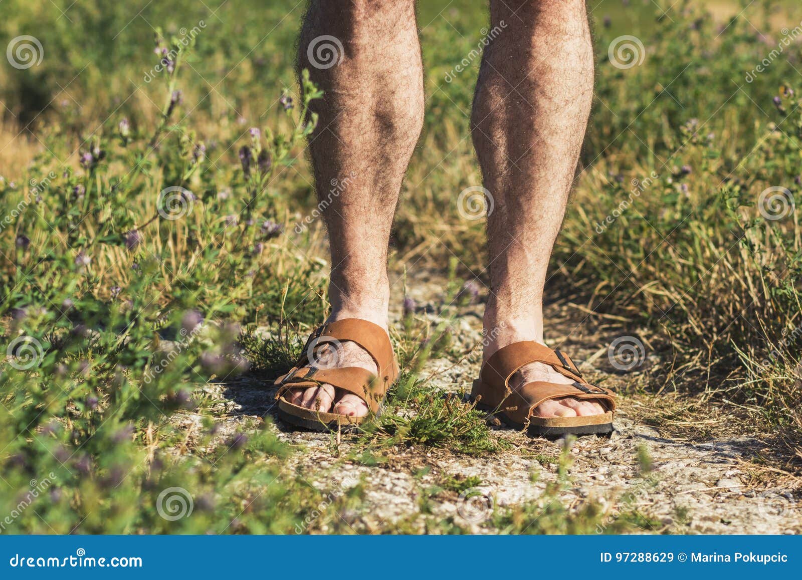 male legs in brown leather sandals
