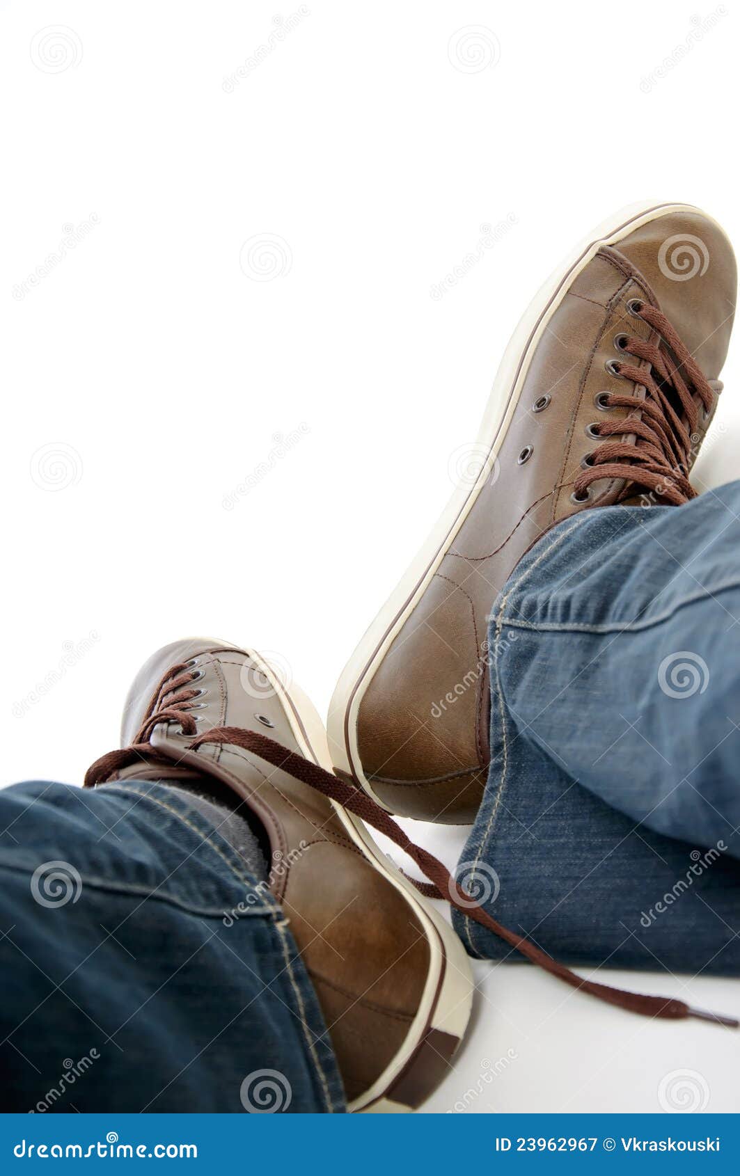 Male Legs in Brown Shoes Sneakers and Jeans Stock Image - Image of ...