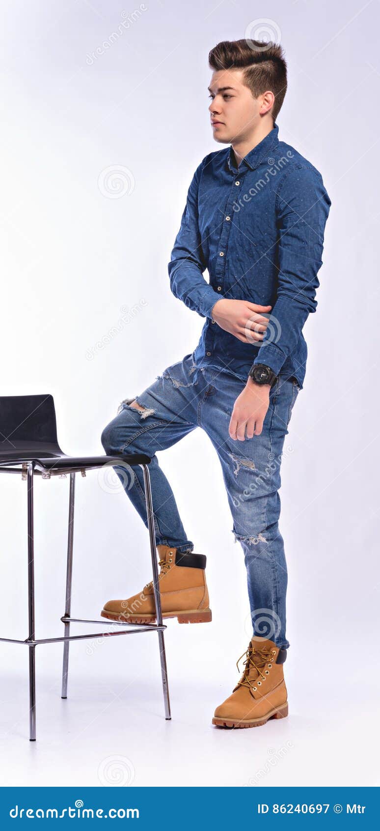 Male Model In Denim Jeans And Boots Stock Image Image Of Legs Blue