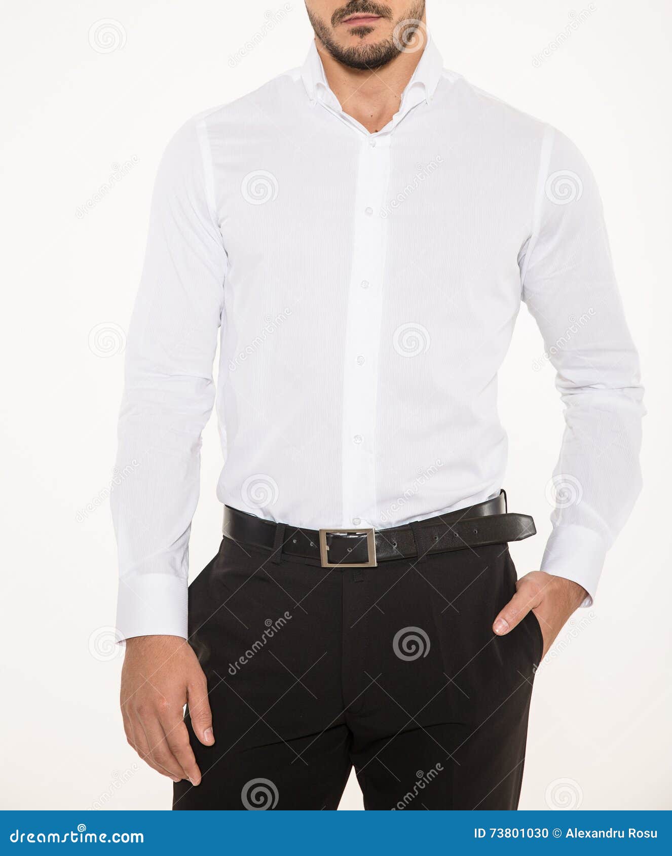Male Model With Elegant Black Pants Belt And White Shirt Male Model With Elegant Black Pants Belt And White Shirt