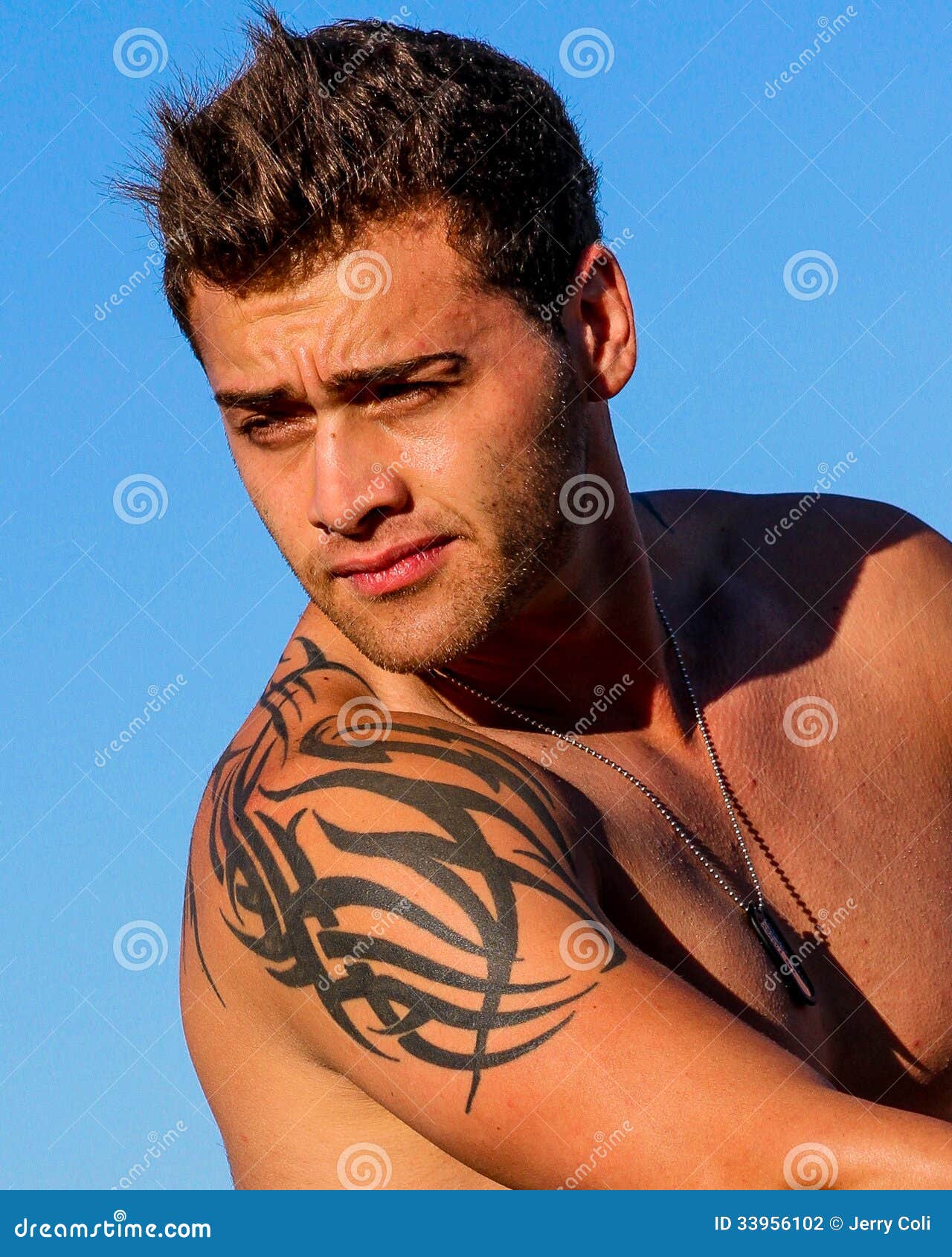 Male With Tatoo On Back Boxing With Dumbbels In Hands. Stock Image