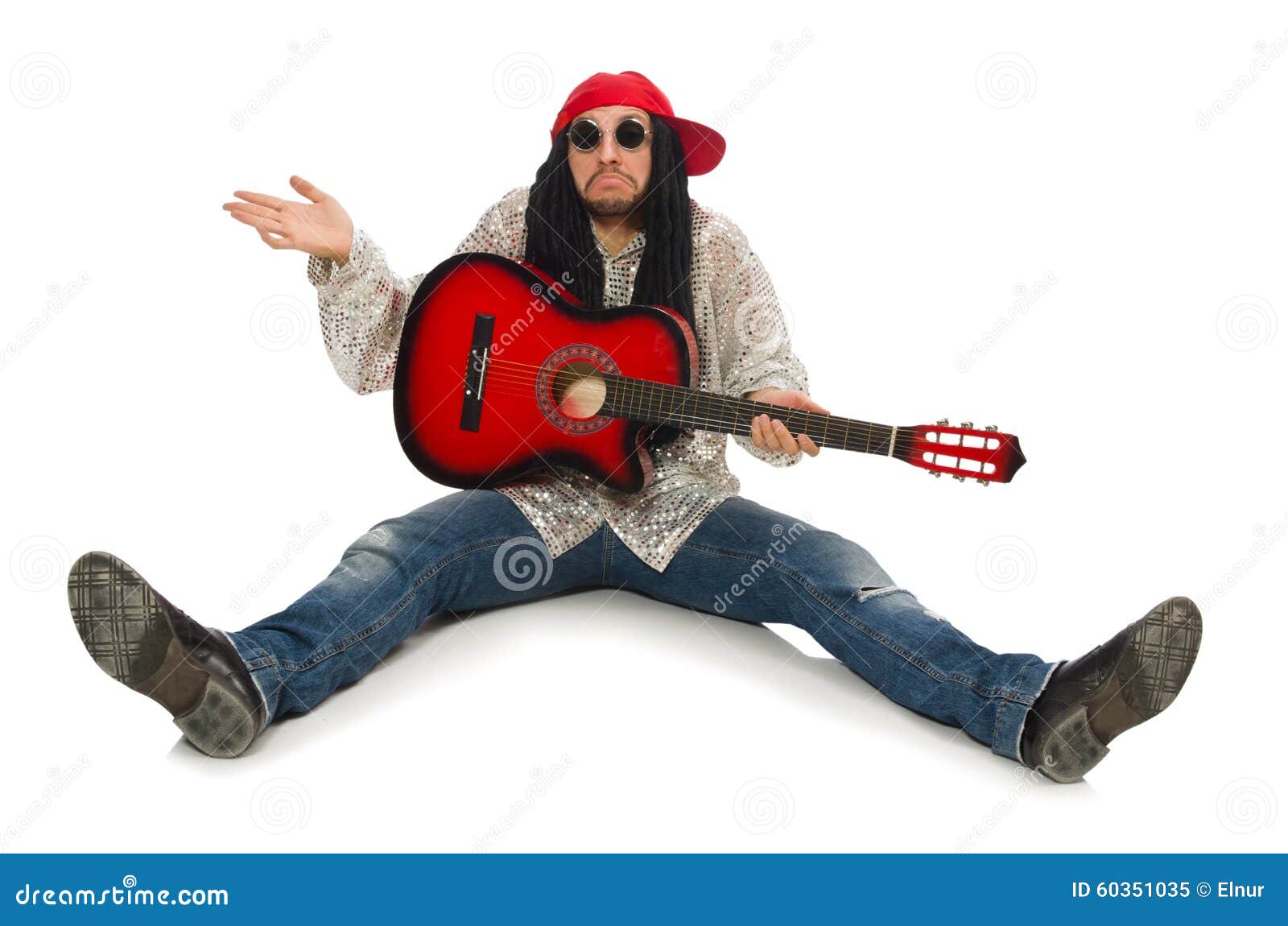 male musician with guitar  on white