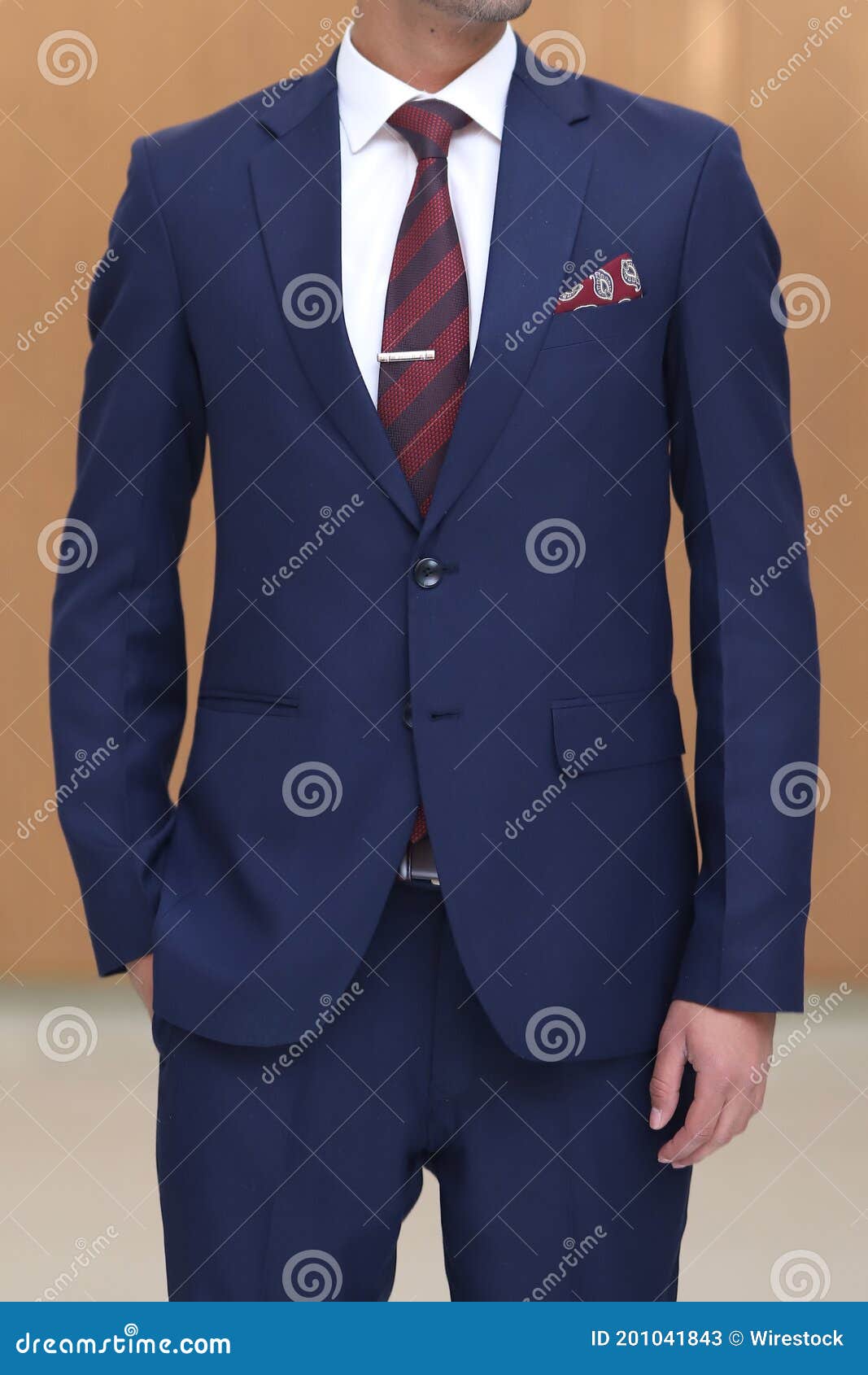 Male with a Navy Blue Suit White Shirt Red Maroon Striped Tie and ...