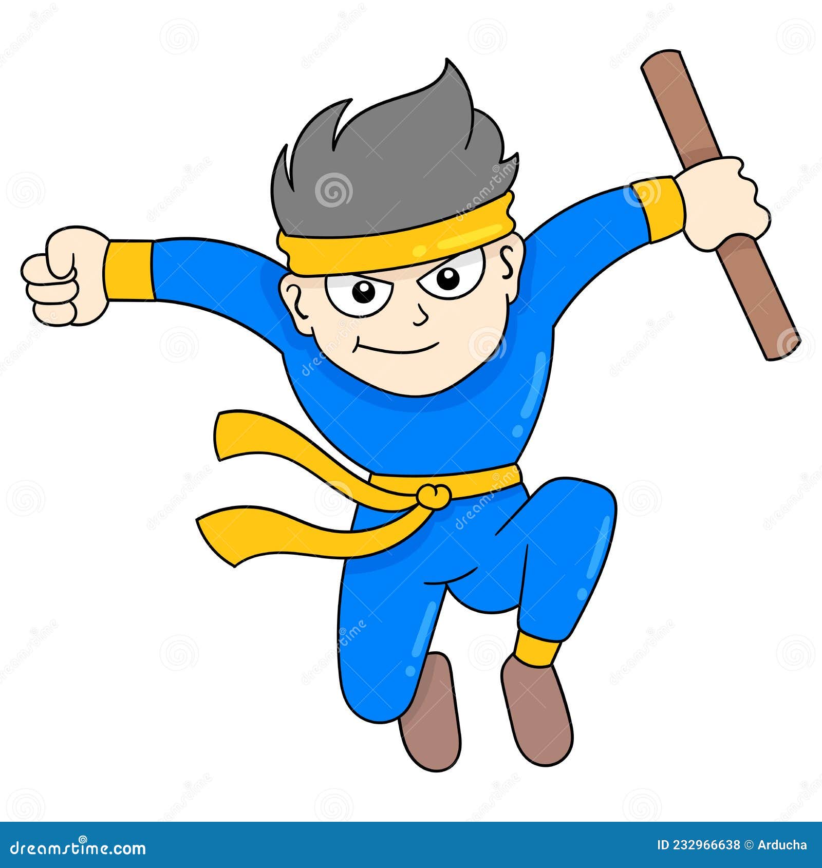 Male Ninja Practicing High Jump Martial Arts, Doodle Icon Image