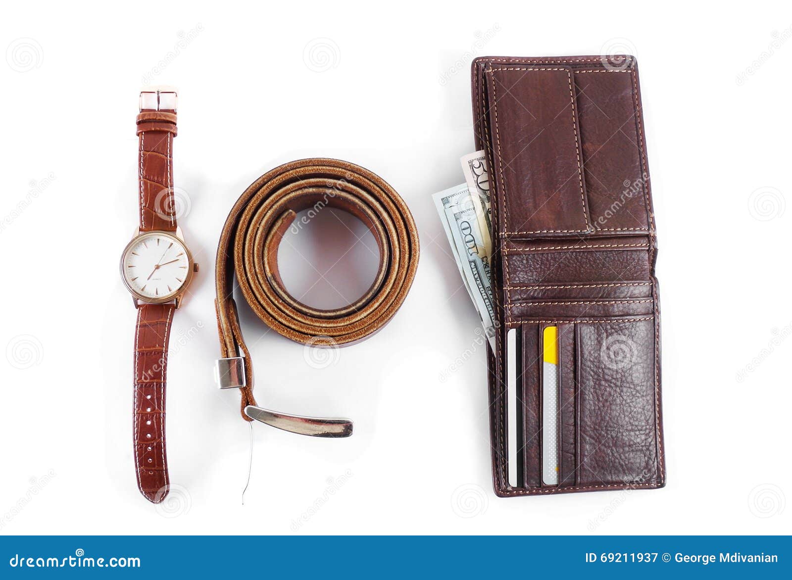 Elegant Men`s Business Accessories. Black Watches, Belt, Notepad