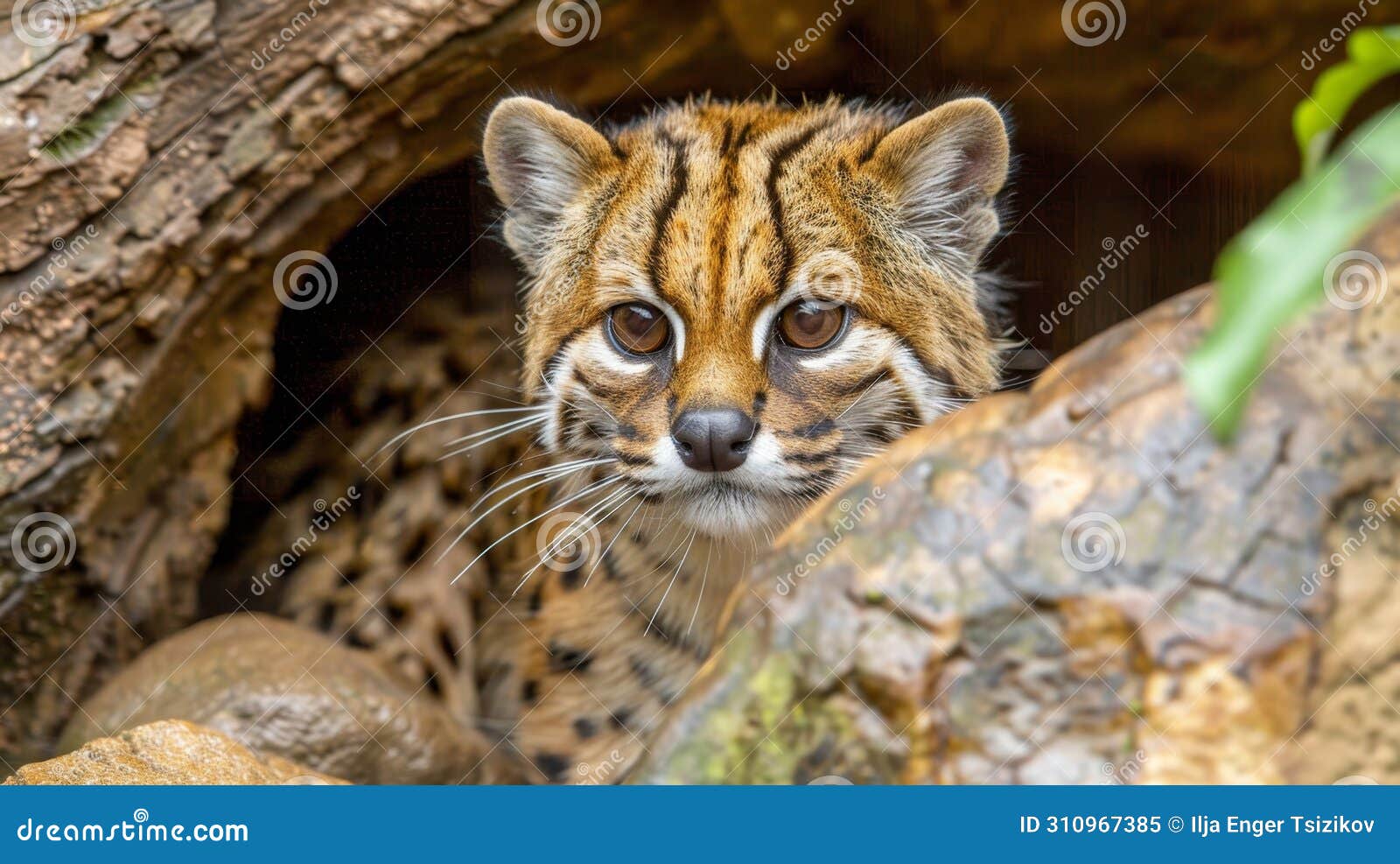 male oncilla and kitten portrait with empty space for text, object on the right side