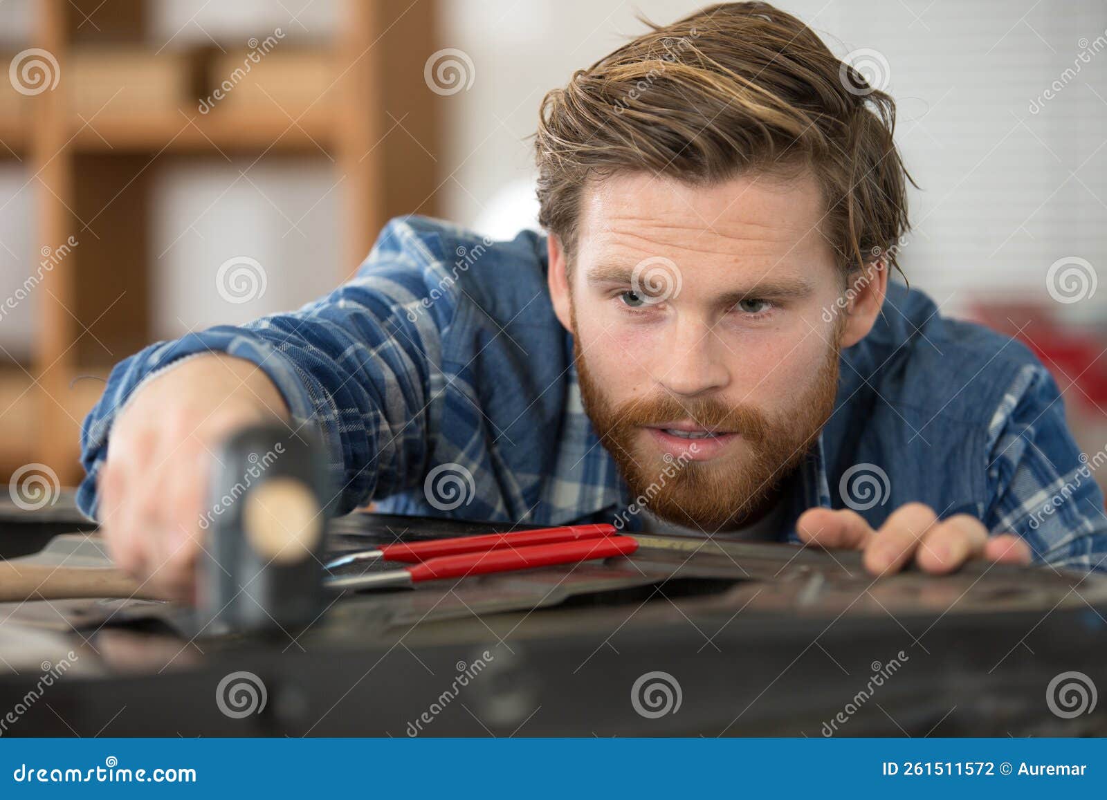 Male Panel Beater Using Mallet on Car Bodywork Stock Photo Image of mechanic, restore 261511572