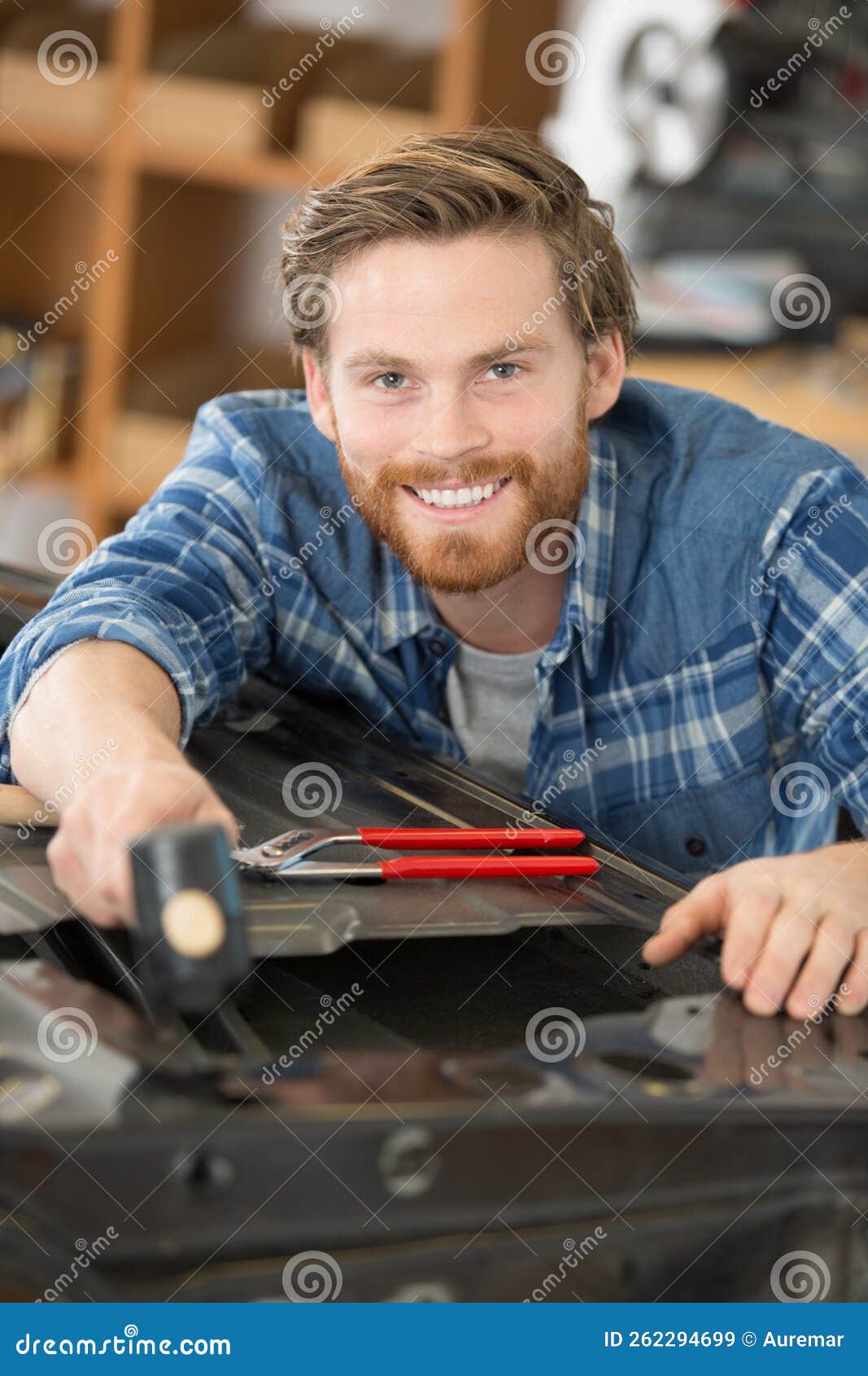 Male Panel Beater Working on Dismantled Car Door Stock Image Image of