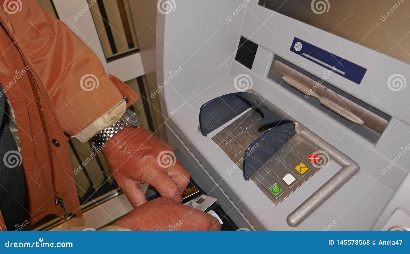 Cash Machine Cash Dispenser Automatic Teller Male Person Draws Money