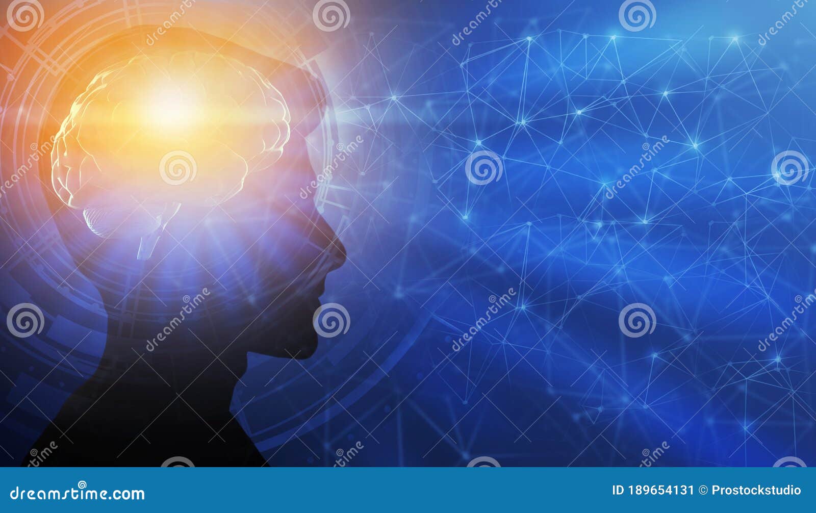 male portrait with illuminated brain having enlightment moment, blue background