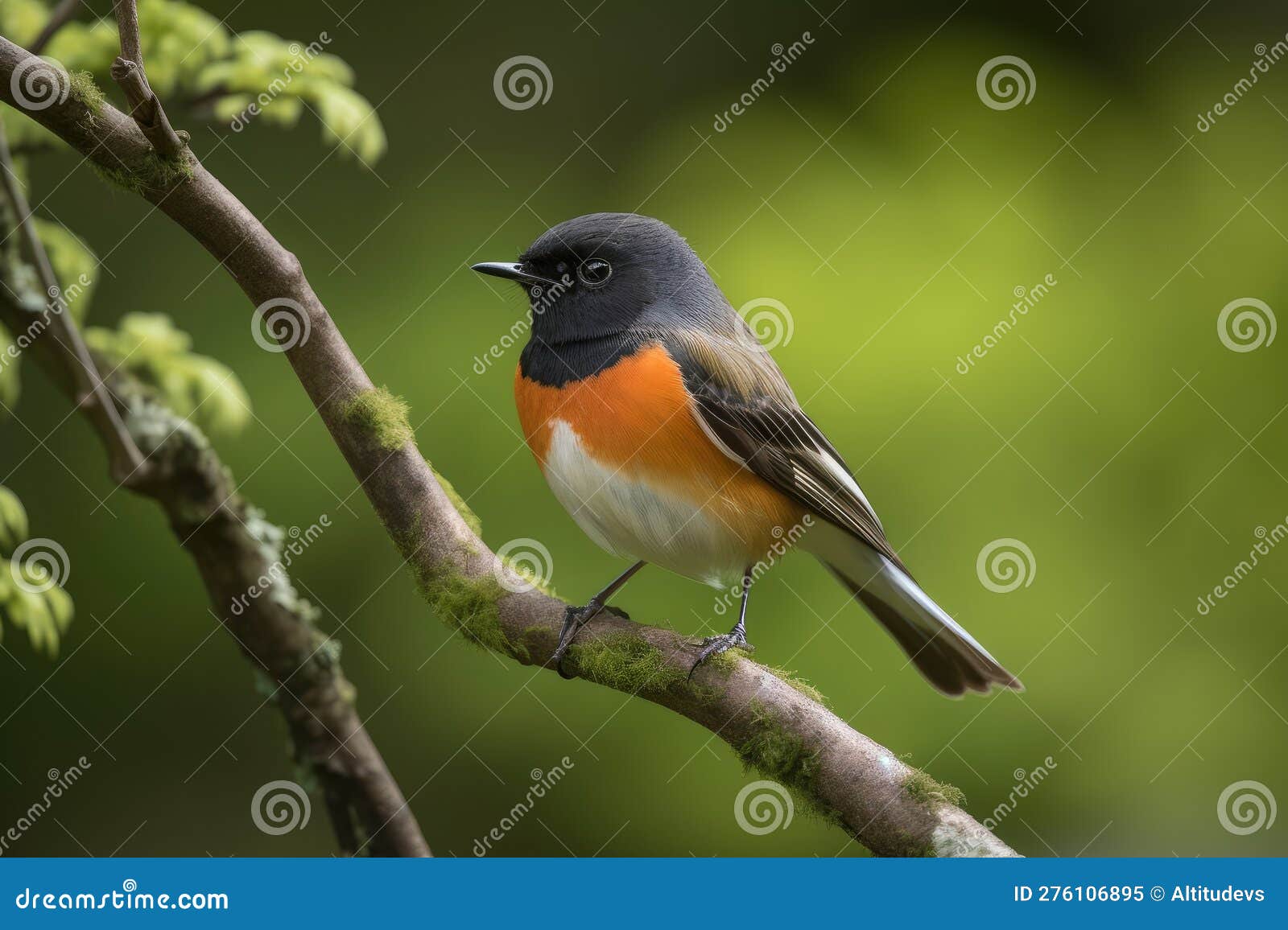 Male Redstart Bird Perched on Branch, with Wings Spread Stock