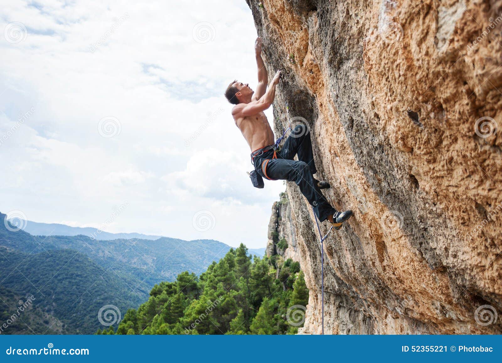 Male Rock Climber on Challenging Route on Cliff Stock Image Image of
