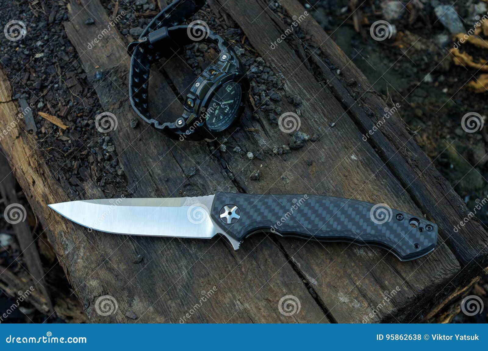 https://thumbs.dreamstime.com/z/male-set-knives-watches-black-knife-watch-wood-background-95862638.jpg