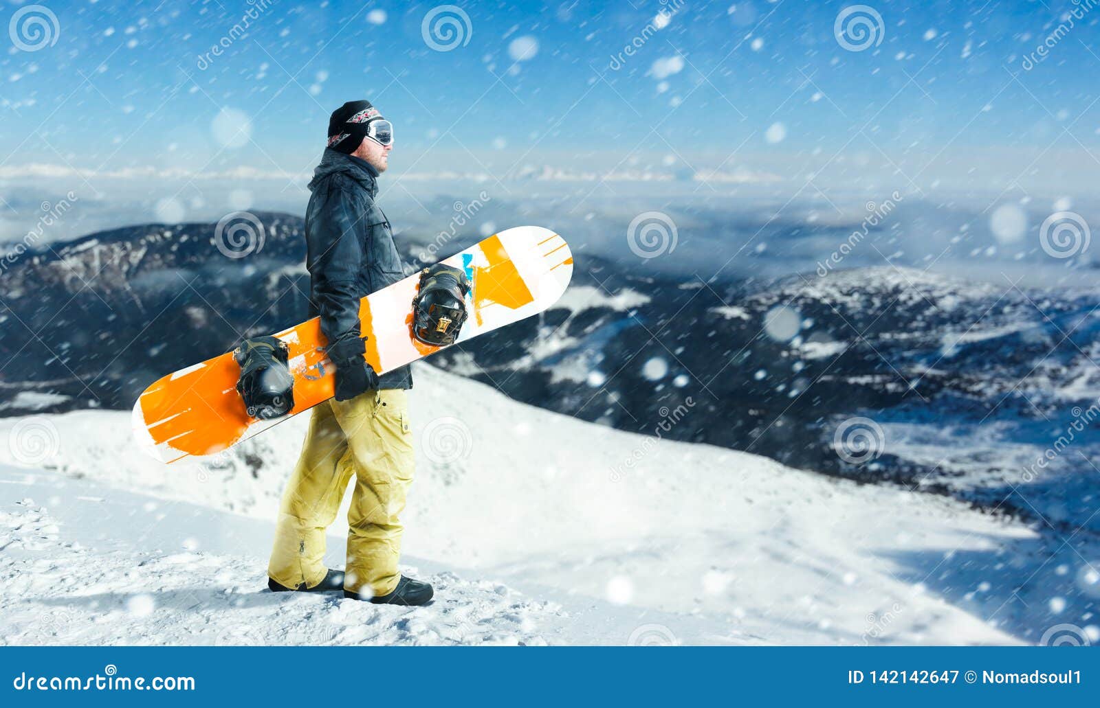 Male Snowboarder Stands on Top of Mountain Stock Image - Image of ...