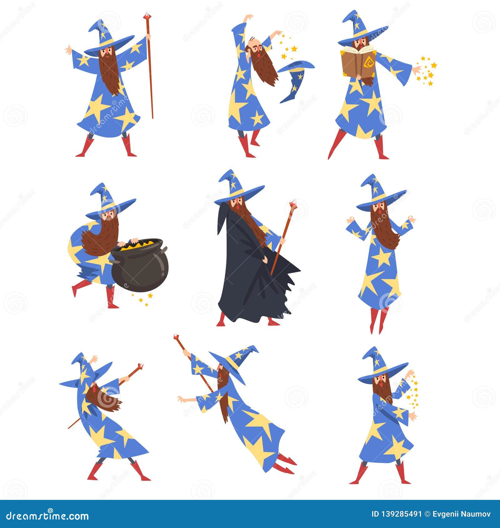 male sorcerer practicing wizardry set, wizard character wearing blue mantle with stars and pointed hat 