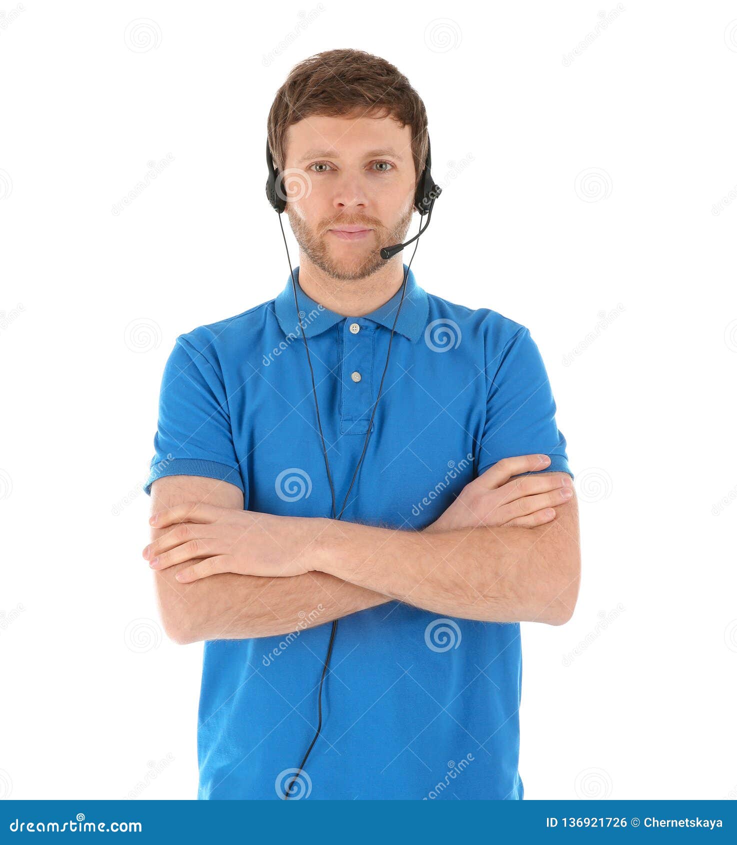 Male Technical Support Operator with Headset on White Stock Photo
