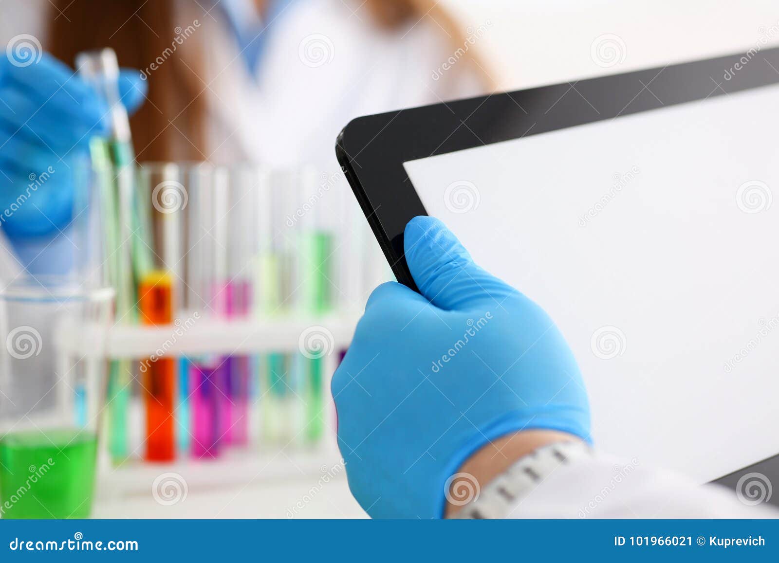 Male Technician Arms in Protective Gloves Hold Tablet Pc Stock Image ...