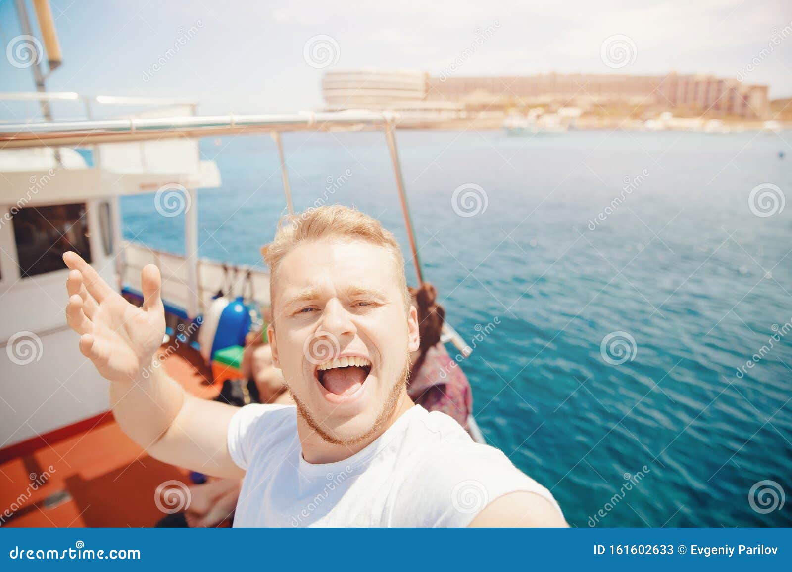 Male Tourist Takes Selfie Photo on Cruise Ship, Liner Travels through ...