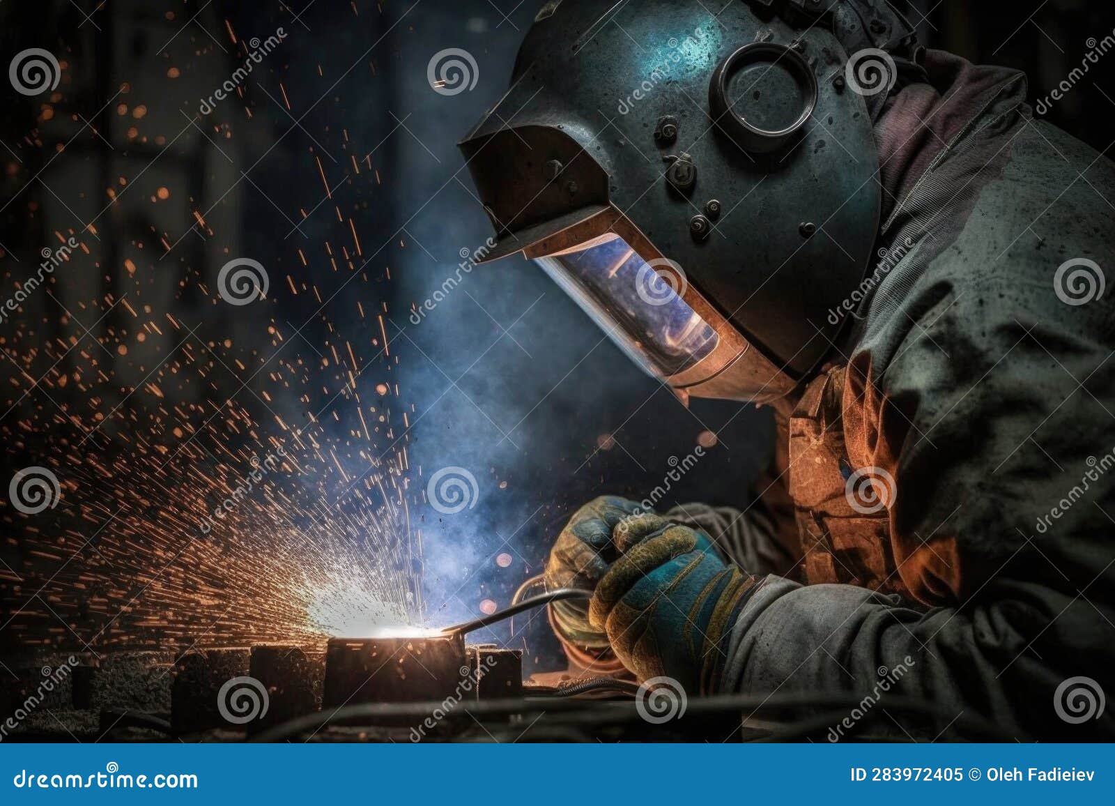 Male Welder Wearing Protective Clothing and Welding Metal with Sparks ...