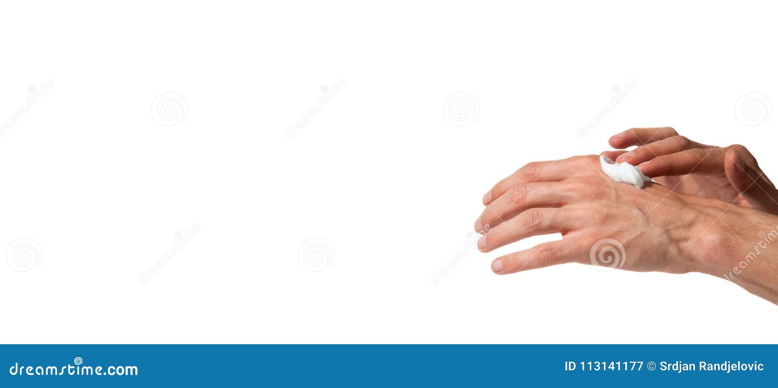 male working hands put on a moisturize cream for soft skin  on a white background, beauty concept