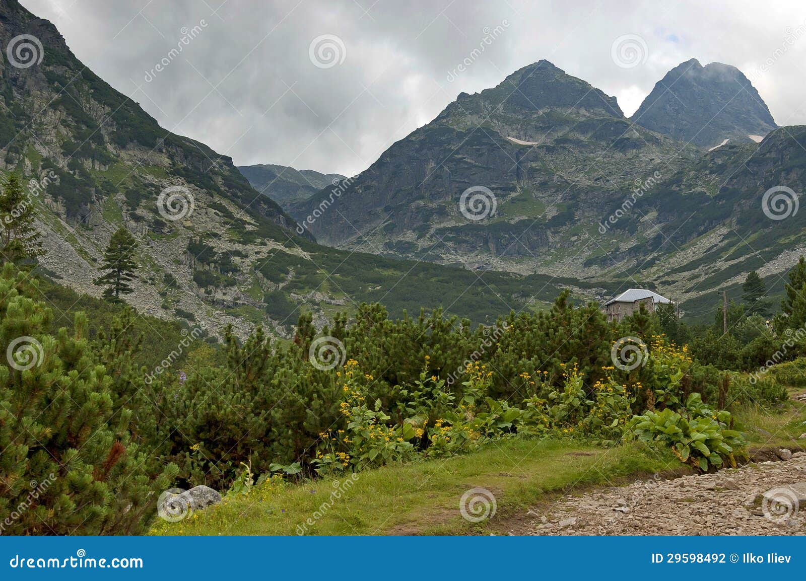 Maliovitza Peak and Resthouse Maliovitza in Rila Mountain Stock Photo