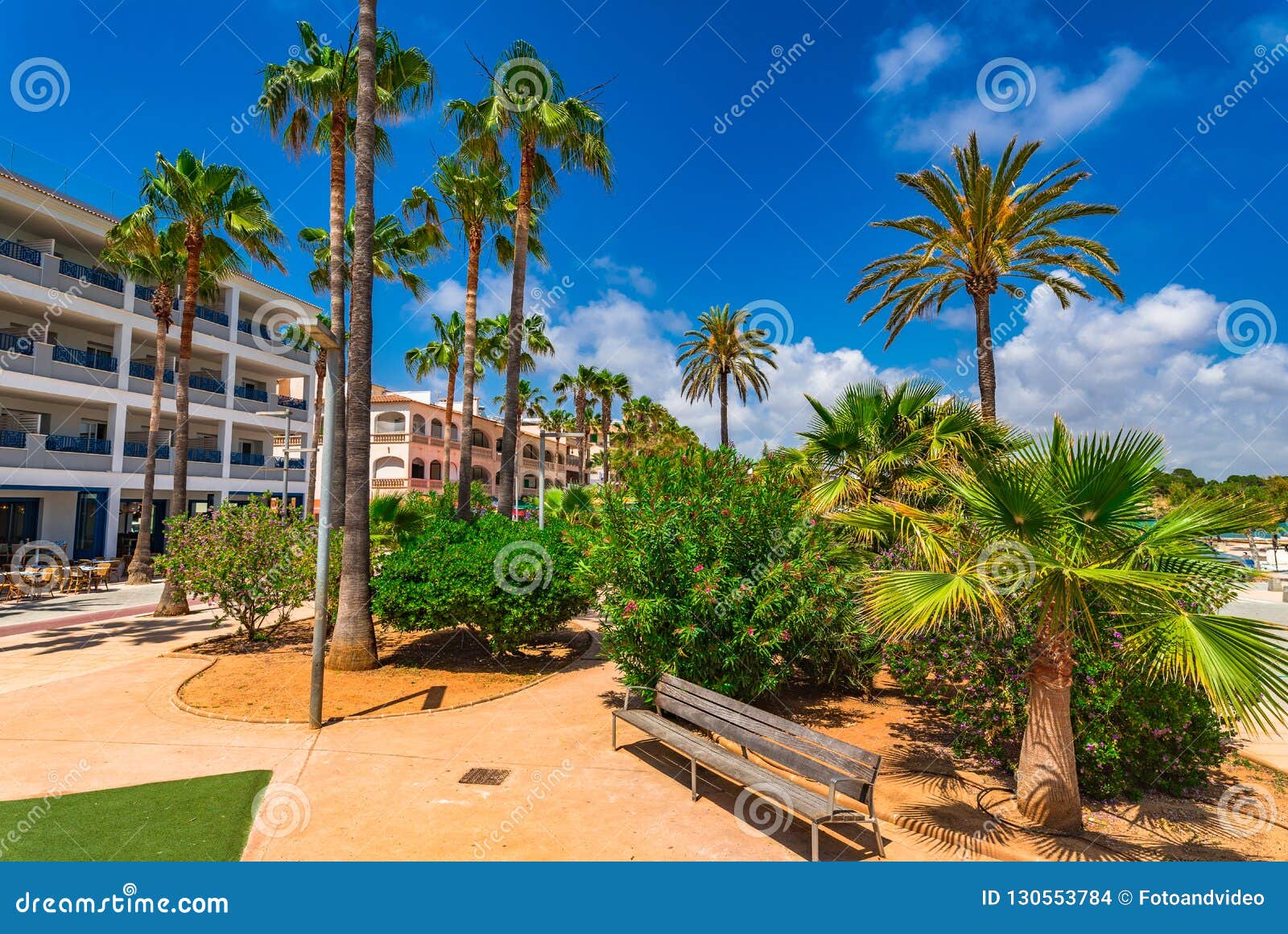 park promenade with palm trees in colonia de sant jordi, majorca