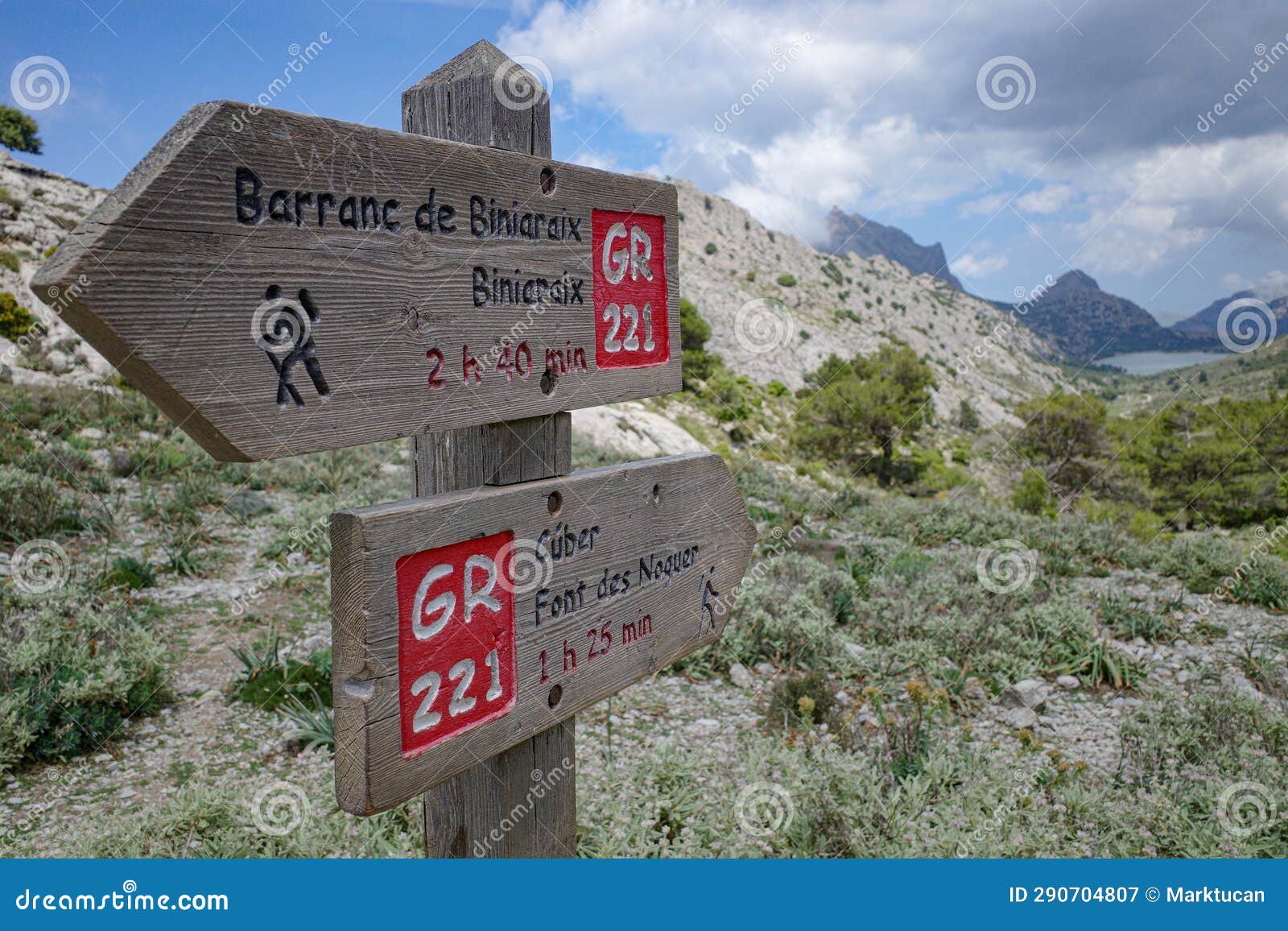 mallorca, spain - 12 june, 2023: signposts for hikers on the gr221 trail, tramontana mountains, mallorca