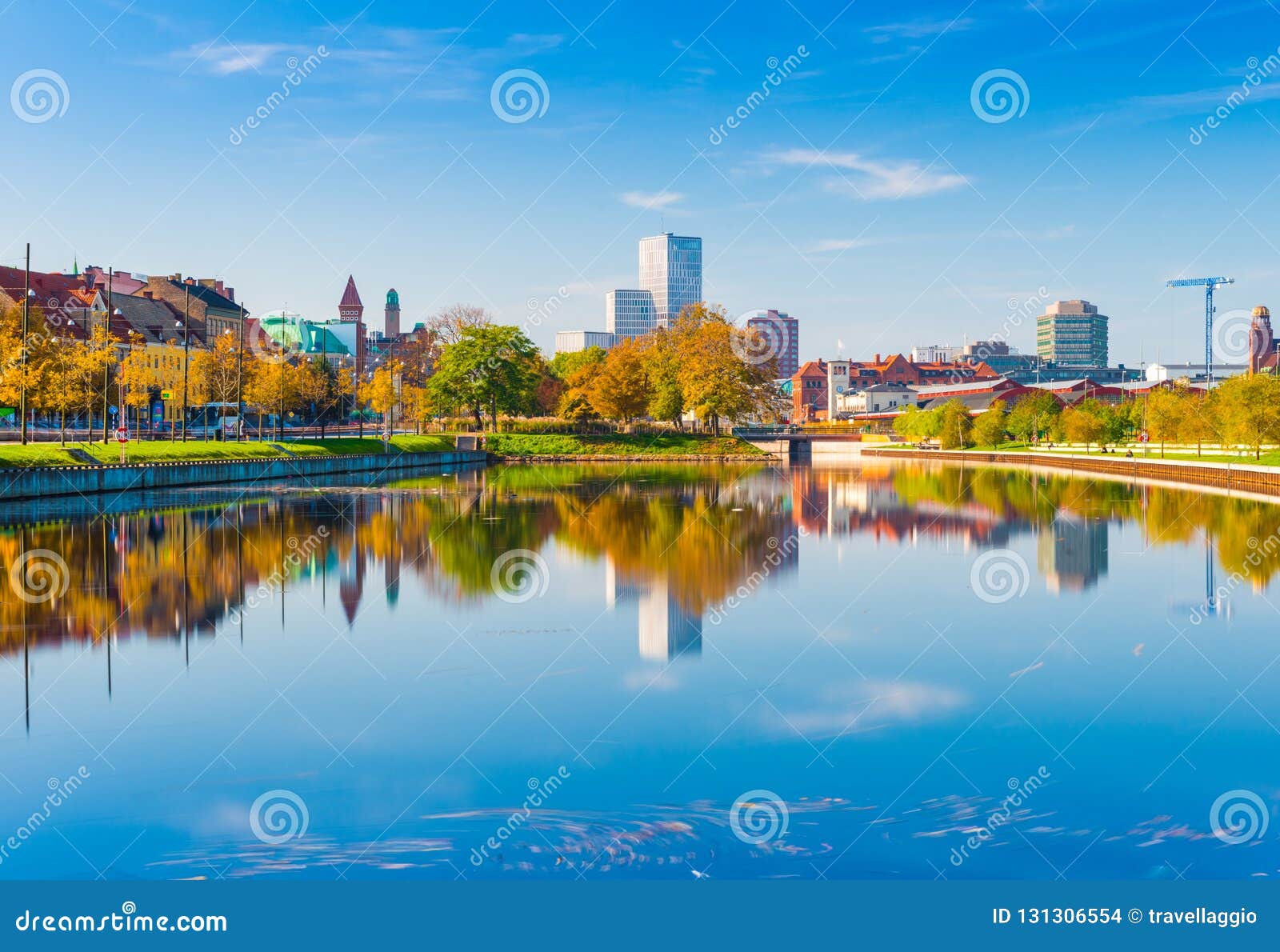 Malmo, Sweden Skyline Reflected in the Water, Urban Landscape Panorama