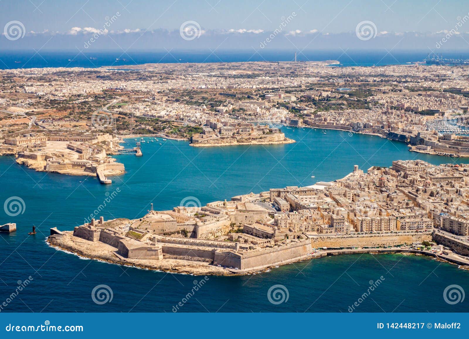malta aerial view. valetta, capital city of malta, grand harbour, kalkara, senglea and vittoriosa towns, fort ricasoli.