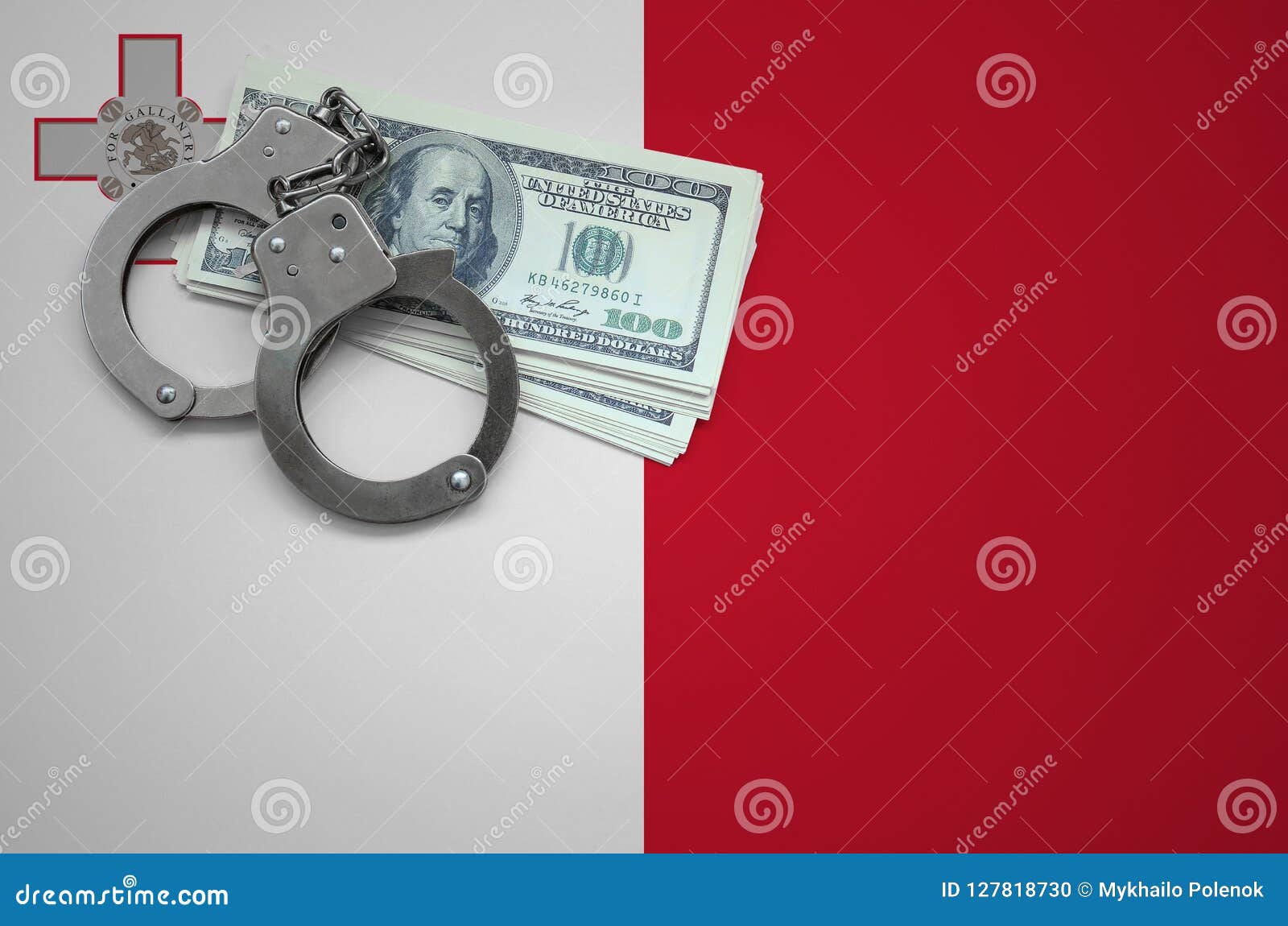Malta Flag with Handcuffs and a Bundle of Dollars. the Concept of