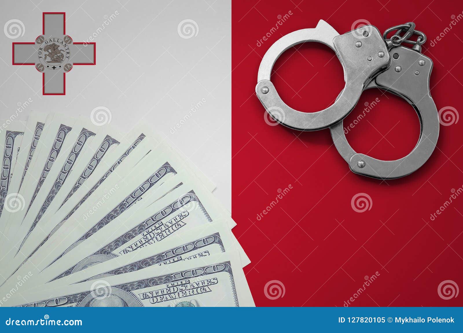 Malta Flag with Handcuffs and a Bundle of Dollars. the Concept of